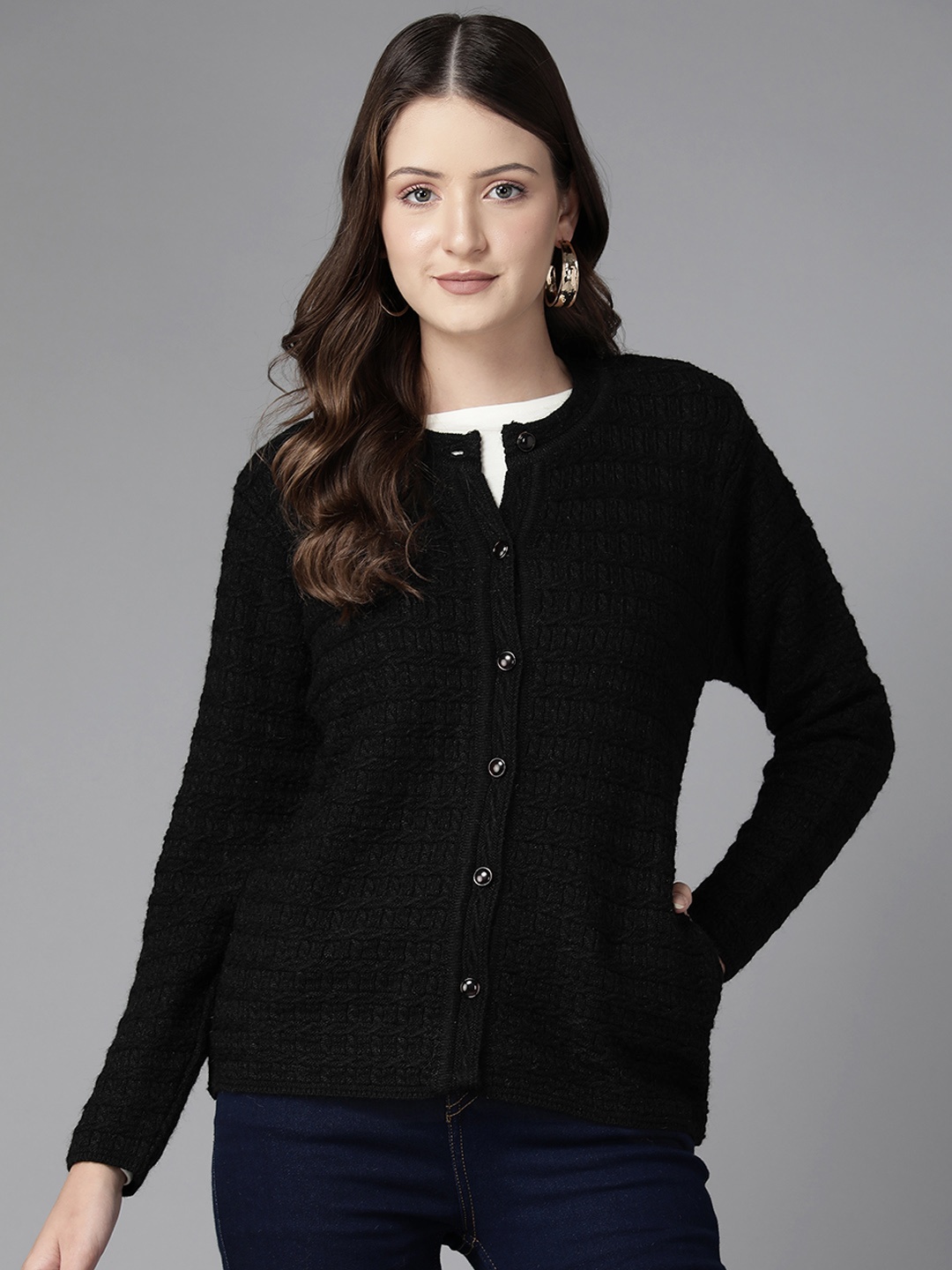 

Cayman Women Cable Knit Woollen Cardigan, Black