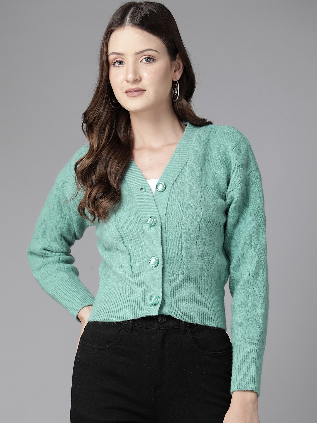 

Cayman Women Cable Knit Woollen Cardigan, Sea green