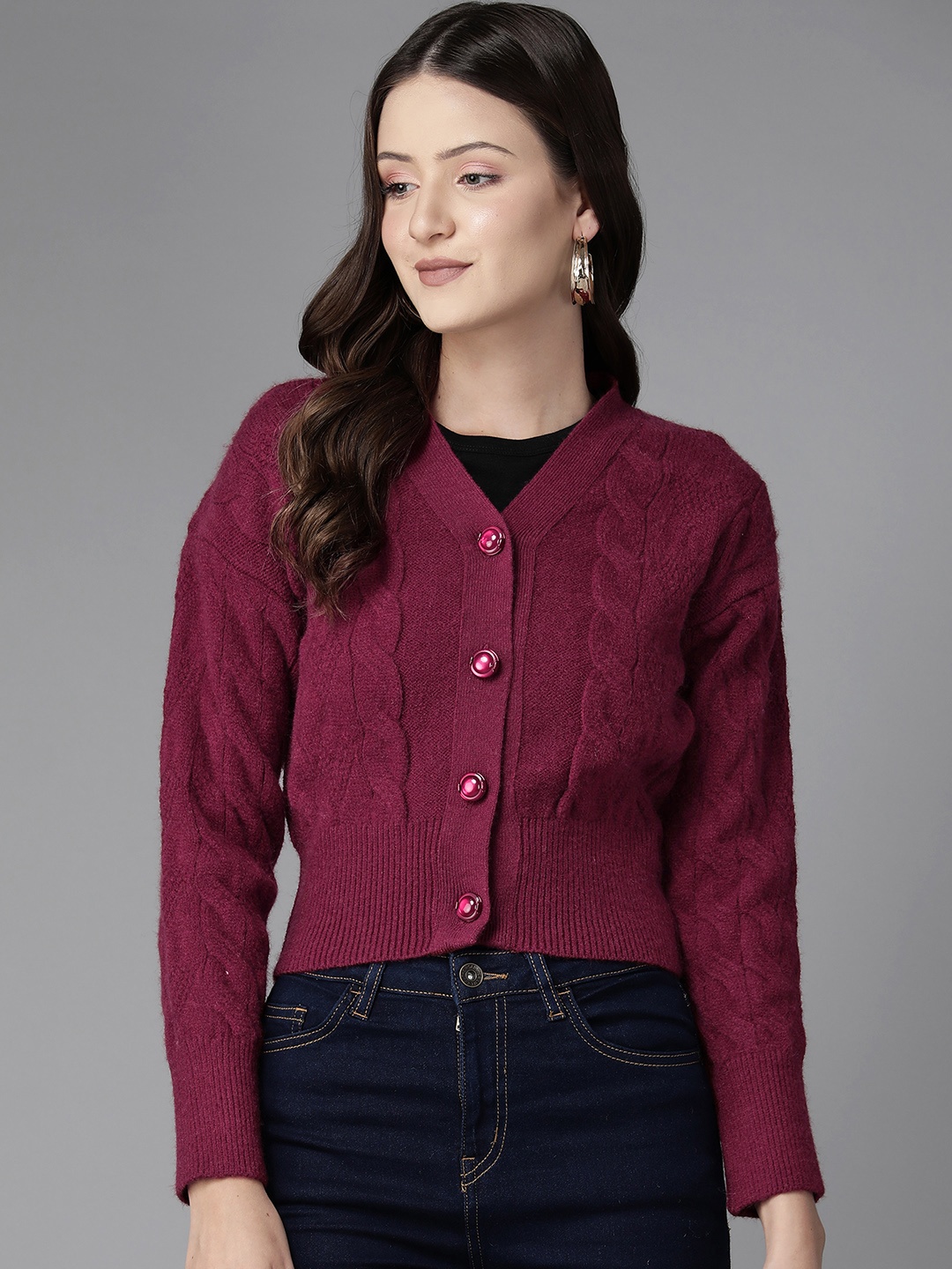 

Cayman Women Cable Knit Woollen Cardigan, Maroon