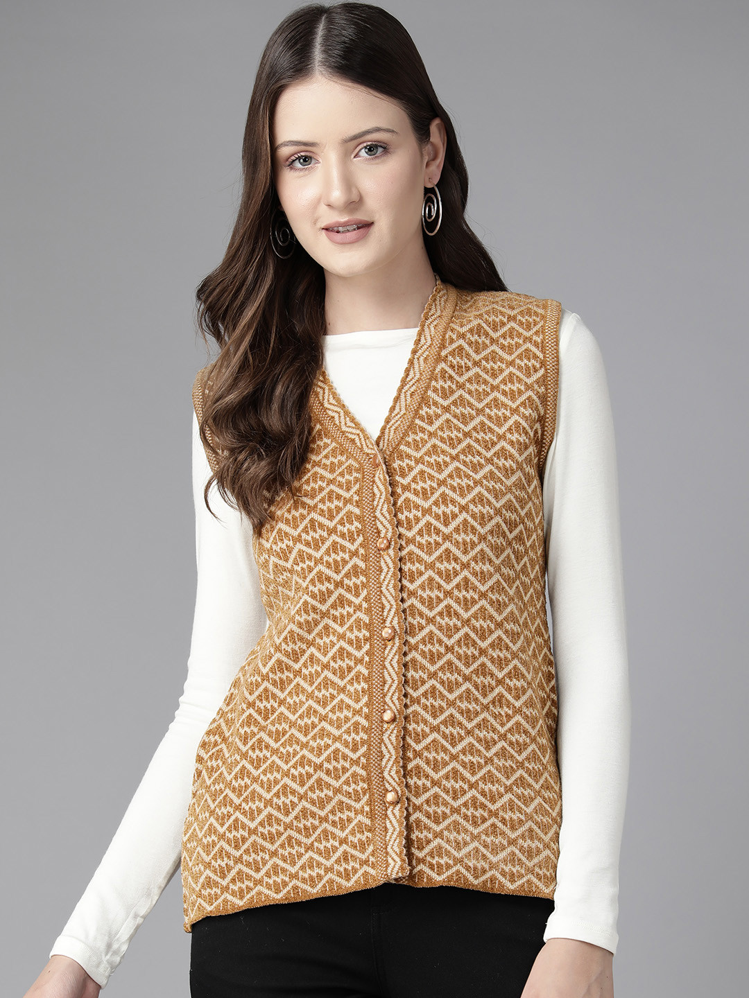 

Cayman Women Self Design Woollen Cardigan, Camel brown