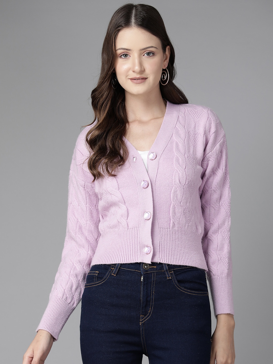 

Cayman Women Cable Knit Woollen Cardigan, Lavender