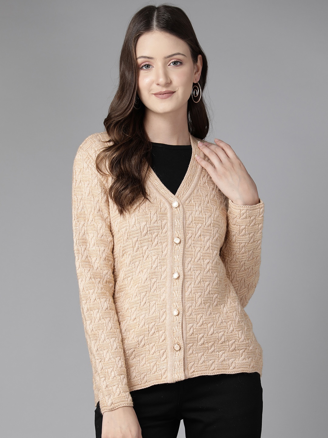 

Cayman Women Self Design Woollen Cardigan, Beige