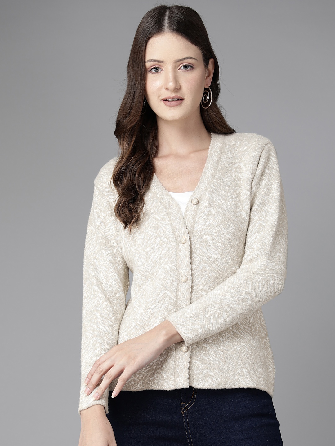 

Cayman Women Self Design Woollen Cardigan, Grey