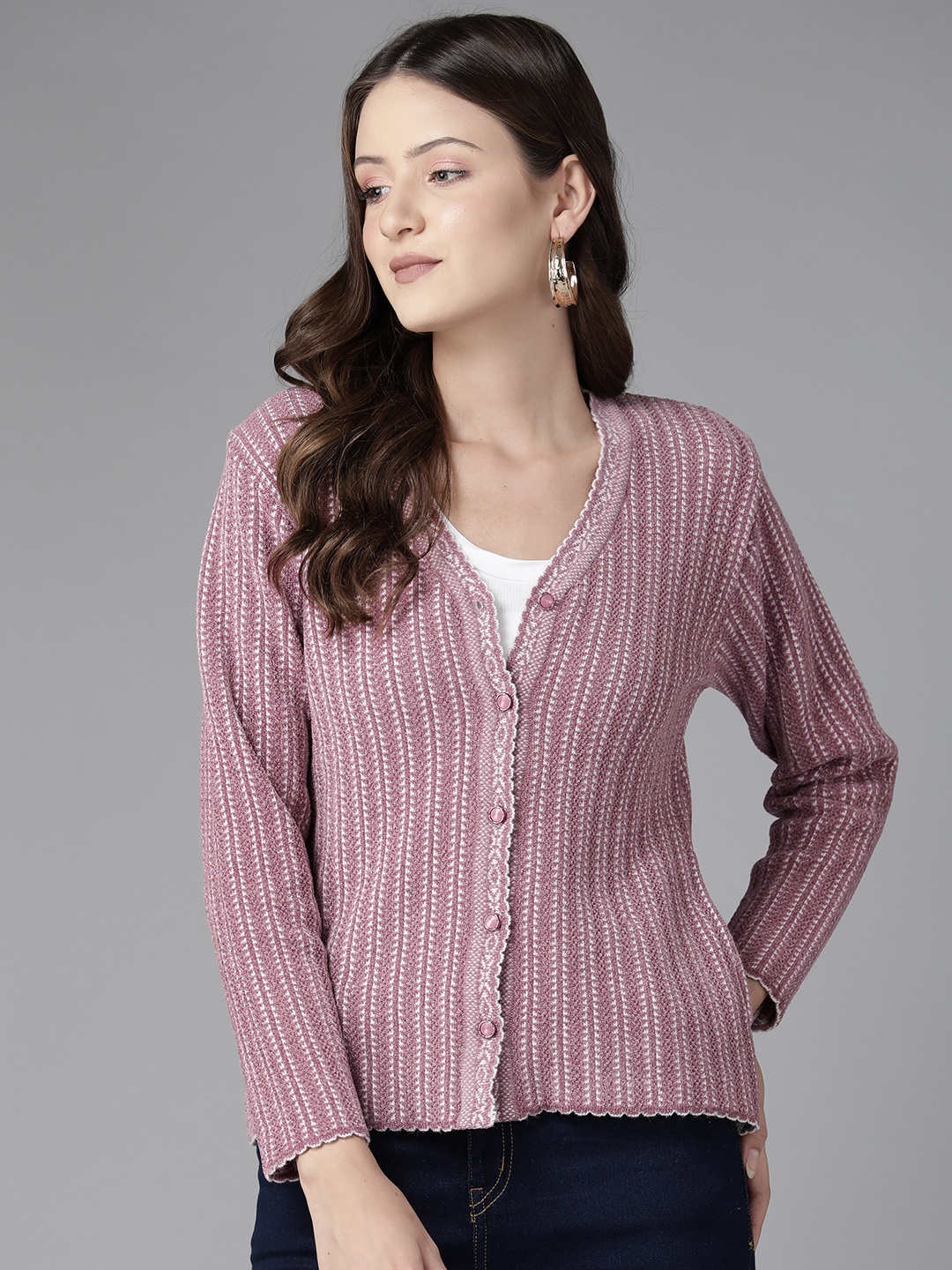 

Cayman Women Self Design Woollen Cardigan, Mauve
