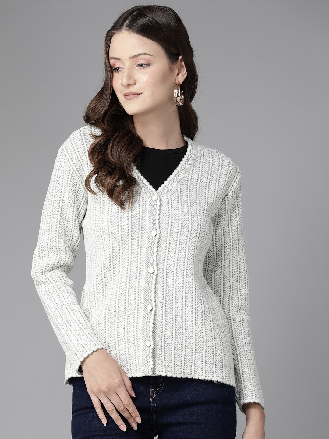 

Cayman Women Self Design Woollen Cardigan, Grey