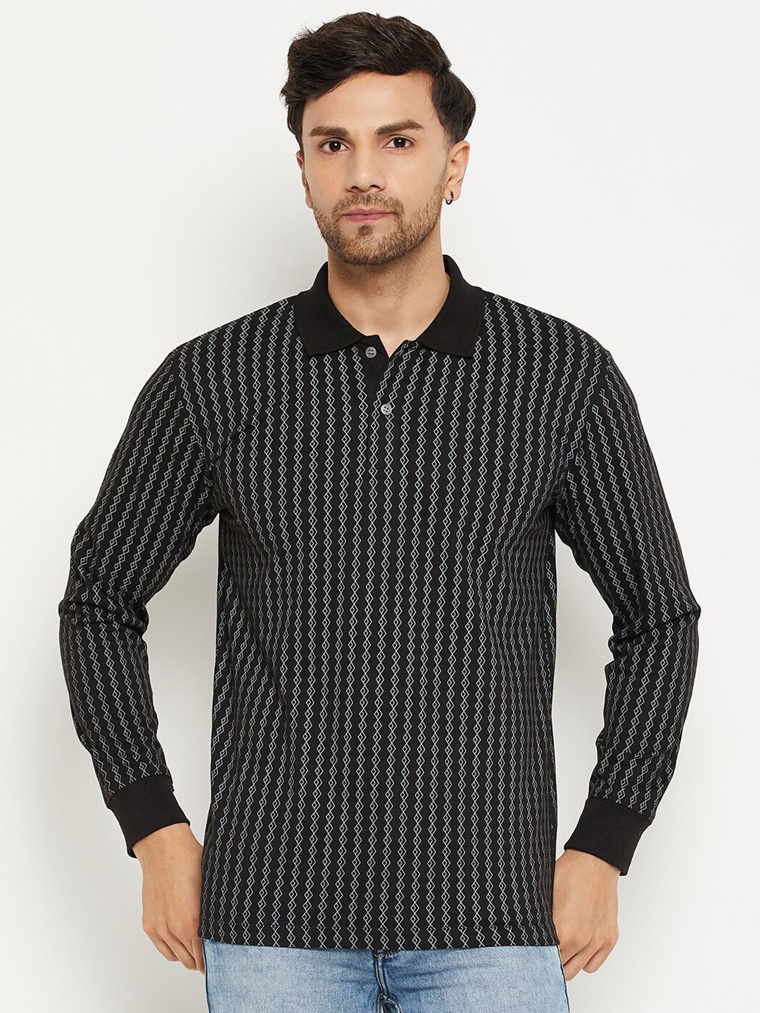 

WILD WEST Striped Polo Collar T-shirt, Black