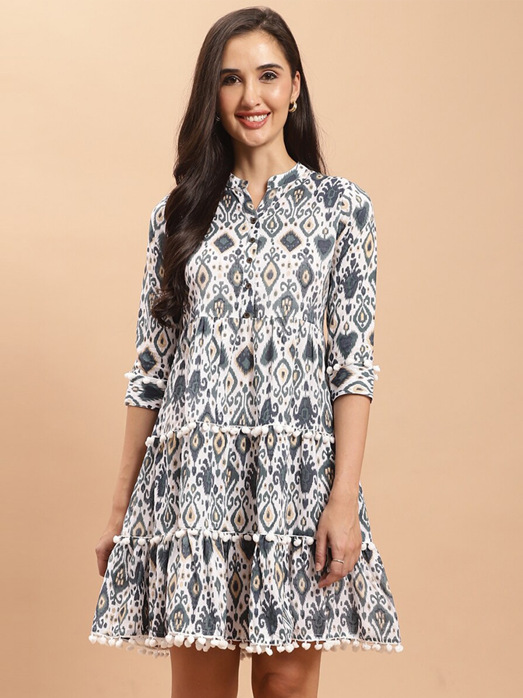 

Roly Poly Ethnic Motifs Printed Pure Cotton A-Line Dress, White