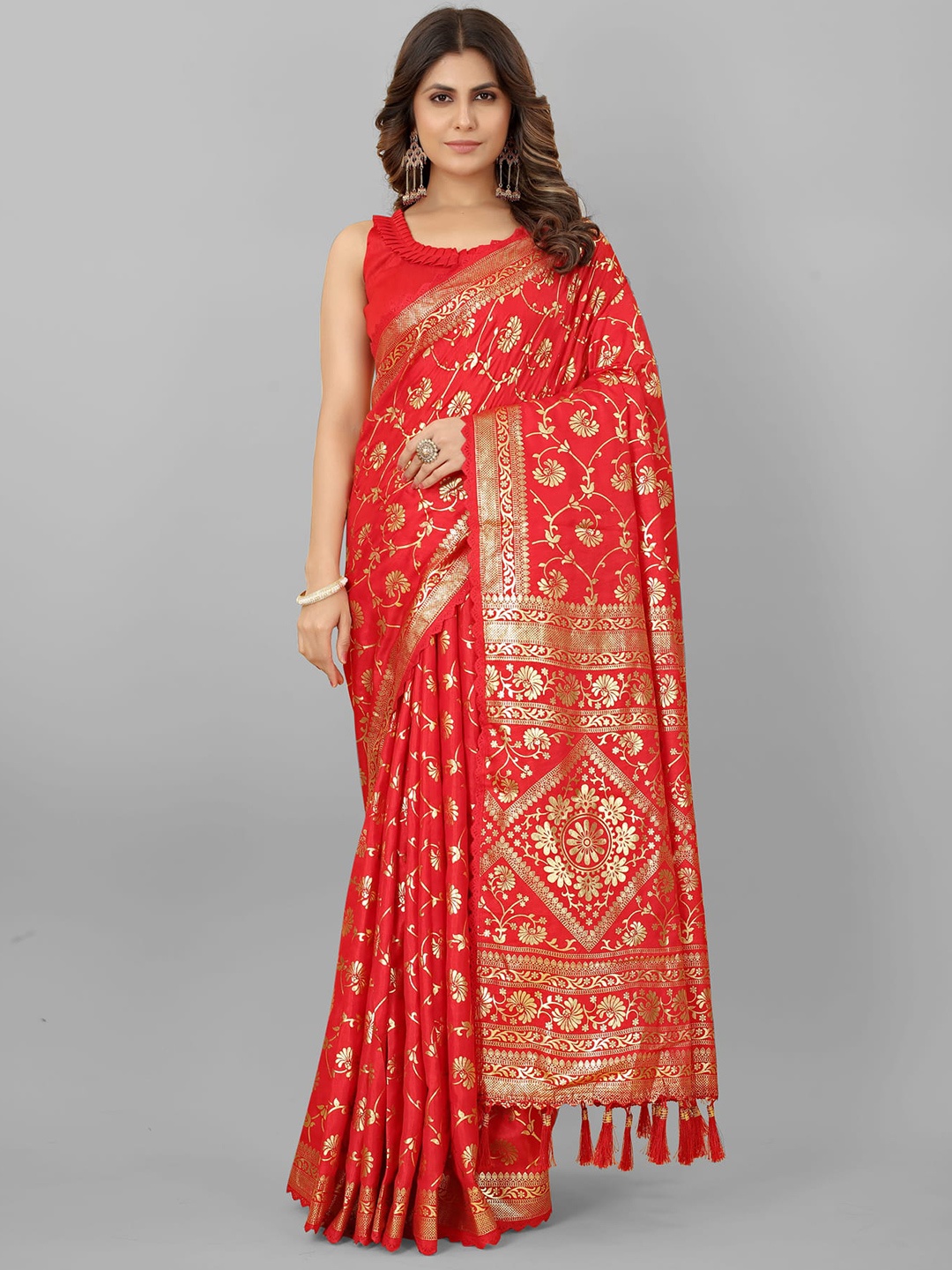 

KALINI Floral Printed Zari Saree, Red