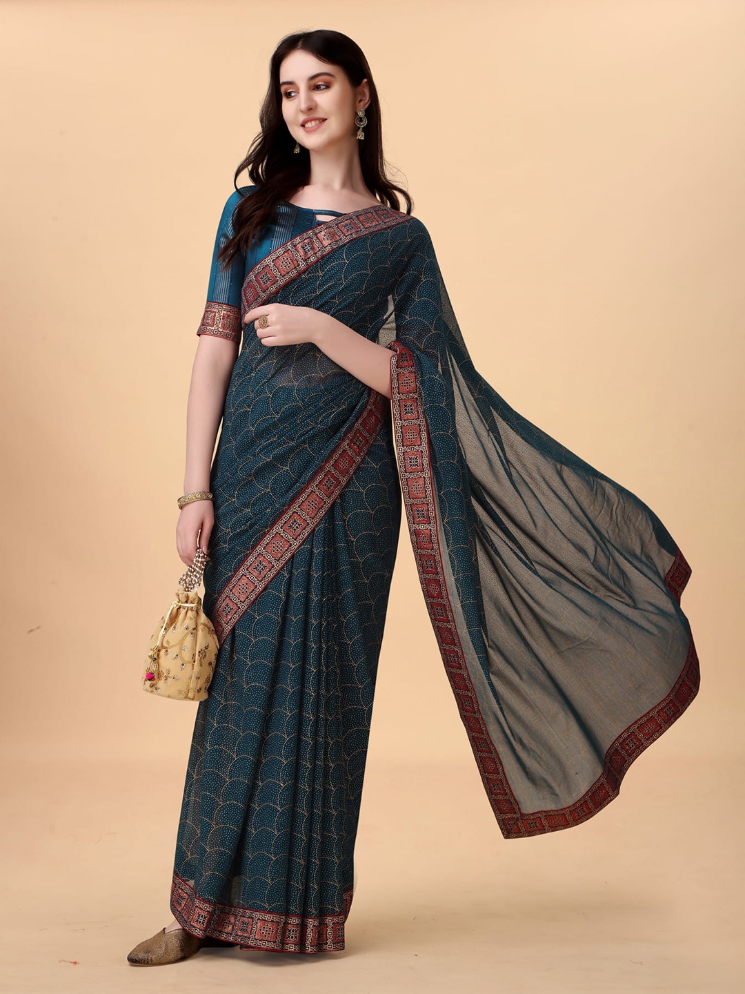

KALINI Foil Printed Zari Saree, Teal