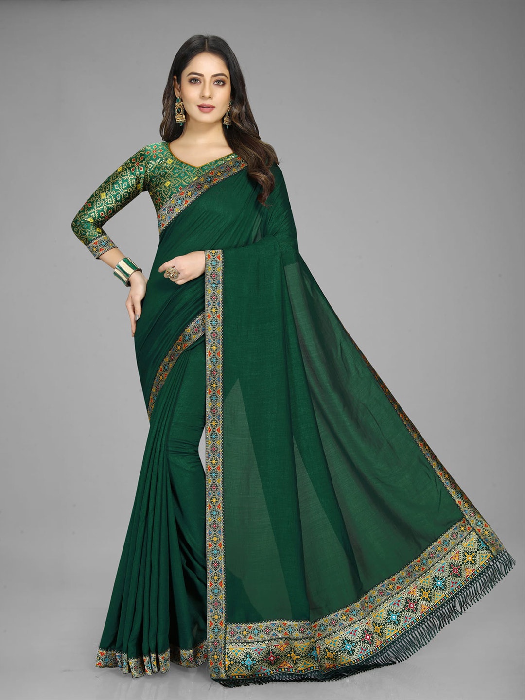 

KALINI Zari Woven Design Border Saree, Green