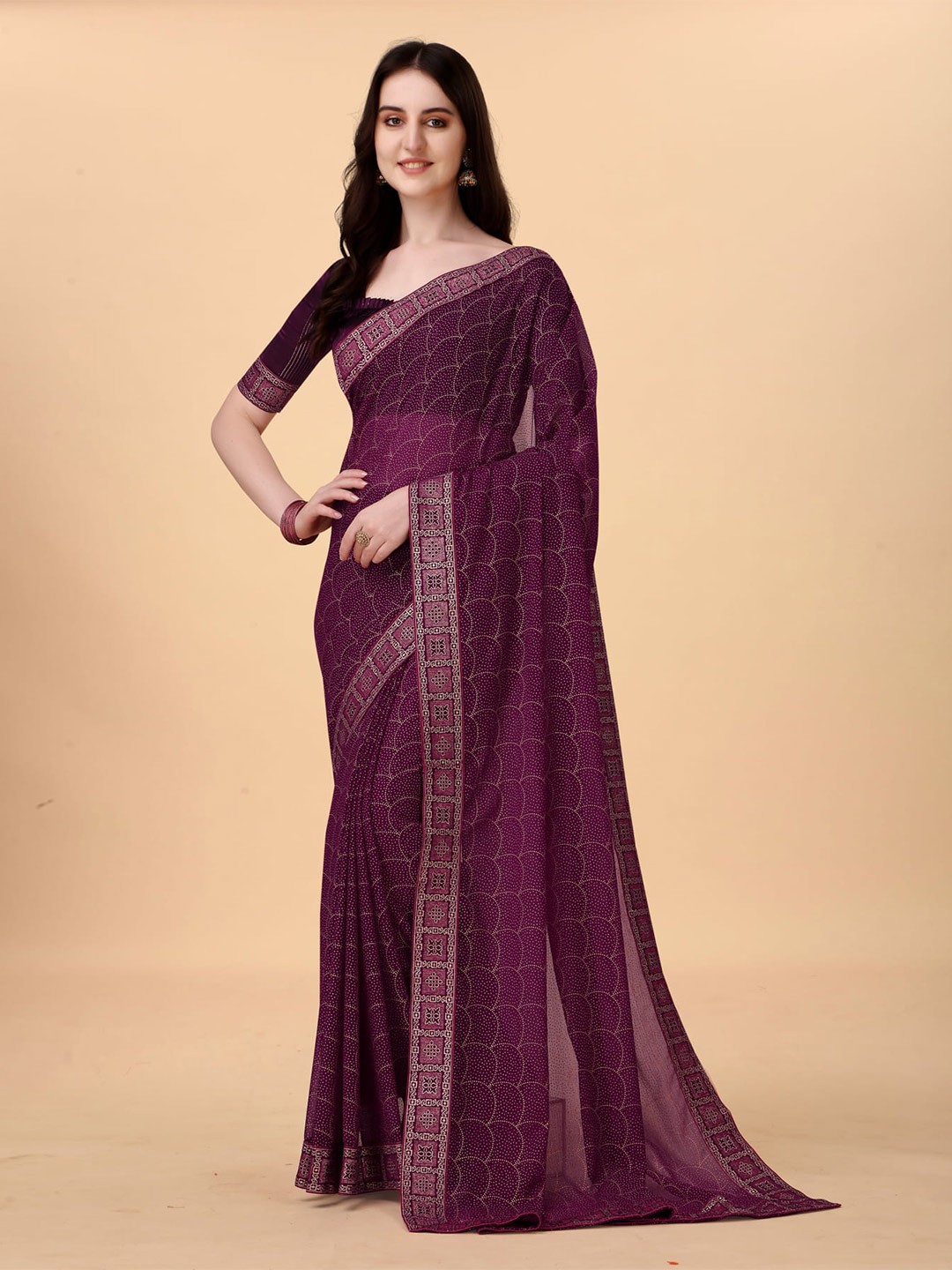 

KALINI Geometric Printed Zari Saree, Purple