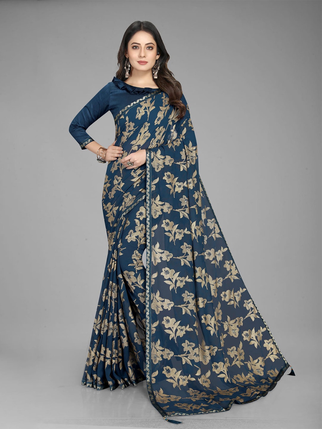

KALINI Floral Printed Zari Saree, Navy blue