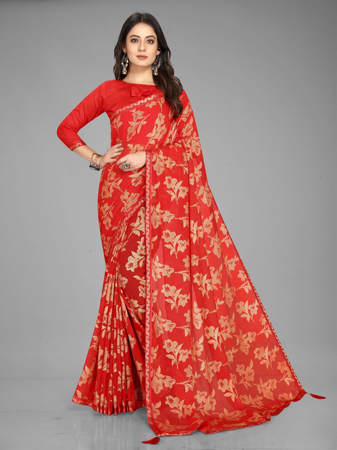 

KALINI Floral Printed Zari Saree, Red