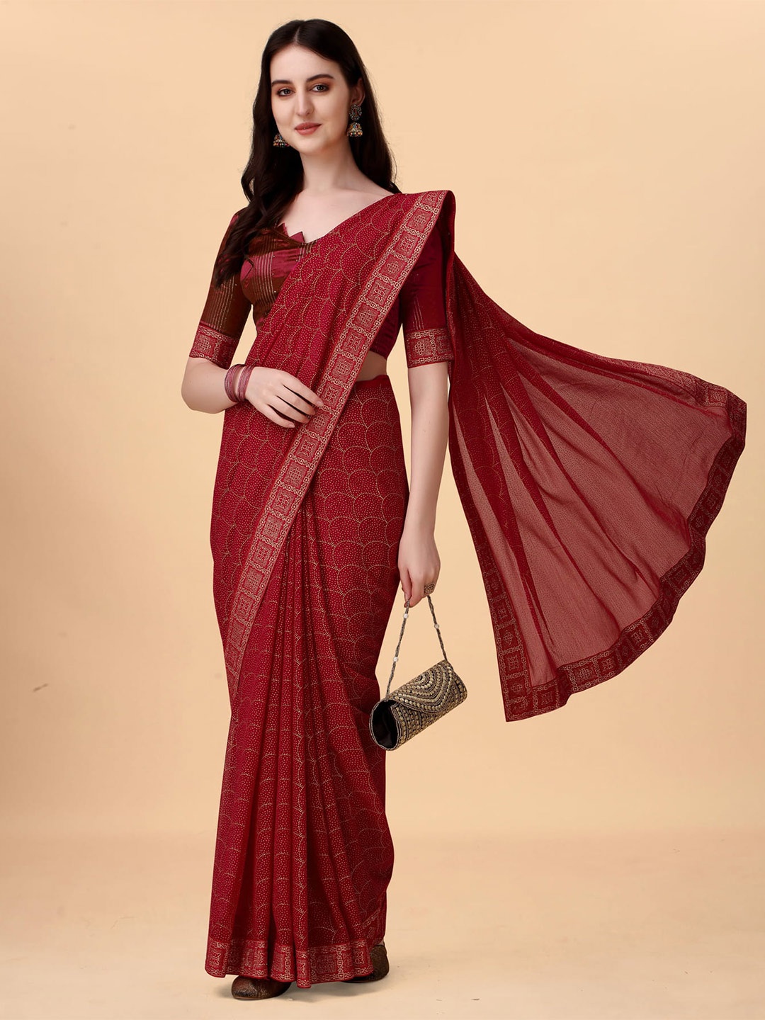 

KALINI Geometric Printed Zari Saree, Maroon