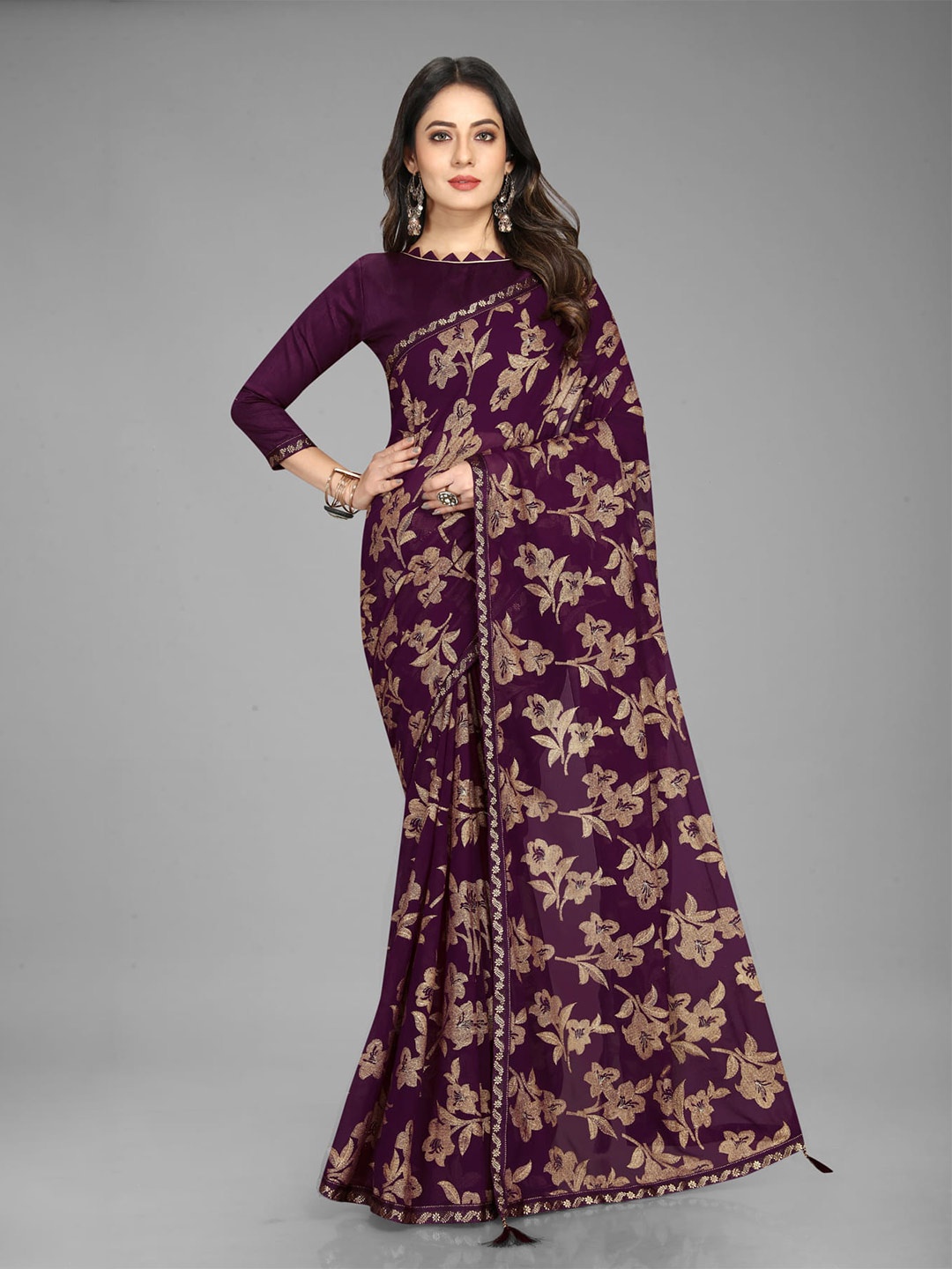 

KALINI Floral Woven Design Zari Detailed Saree, Purple