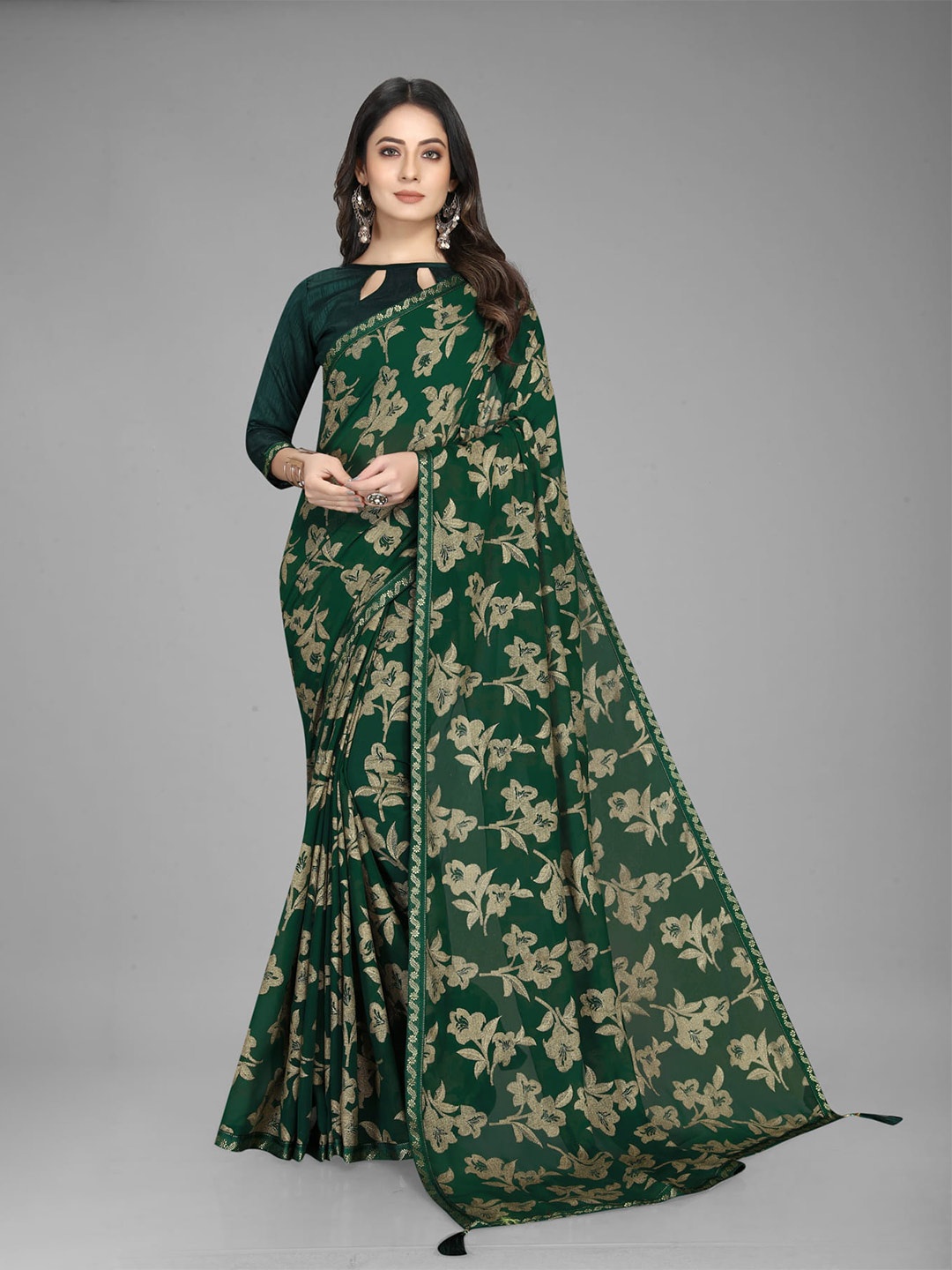 

KALINI Floral Woven Design Zari Detailed Saree, Green