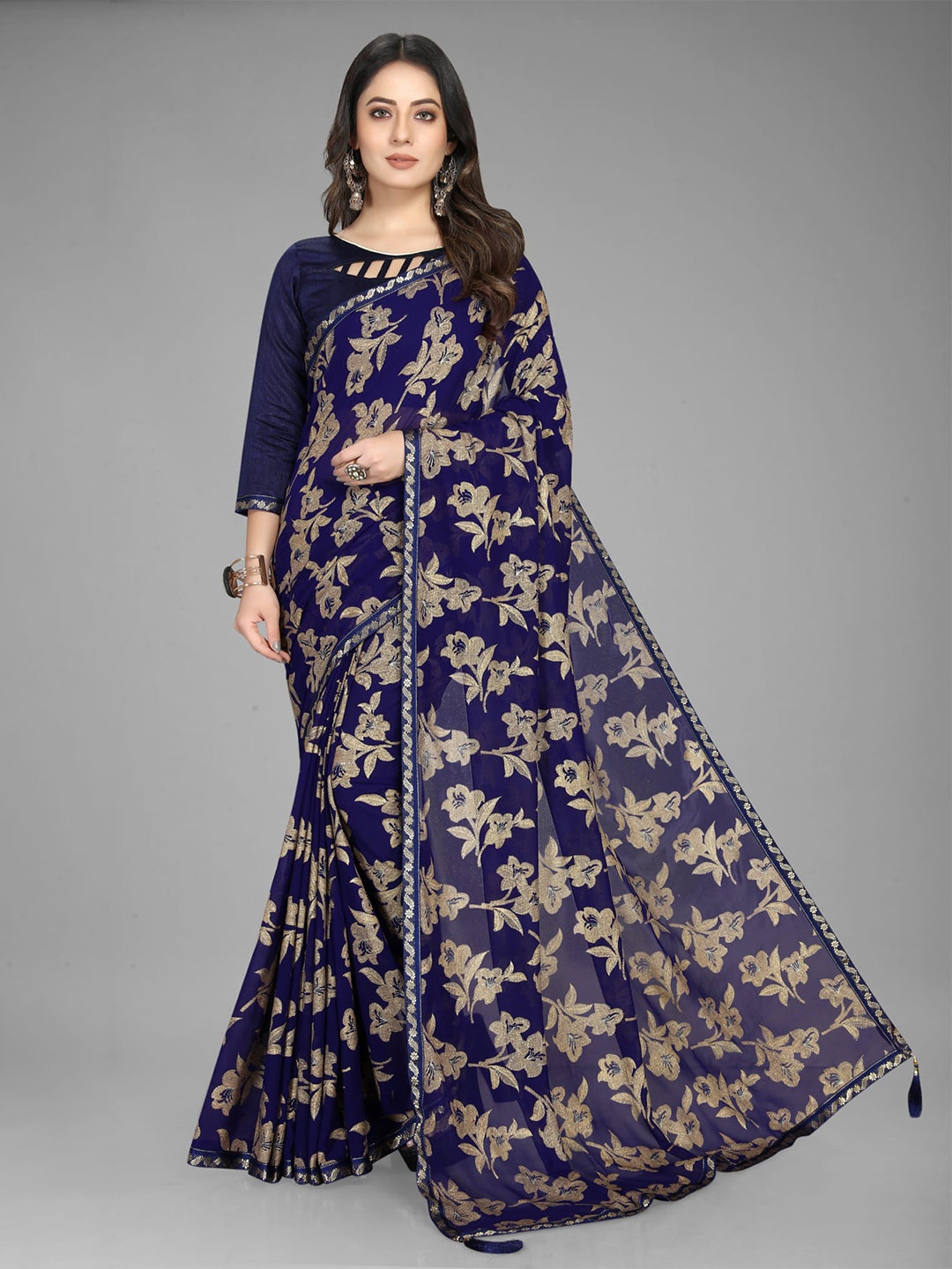 

KALINI Floral Woven Design Zari Detailed Saree, Blue