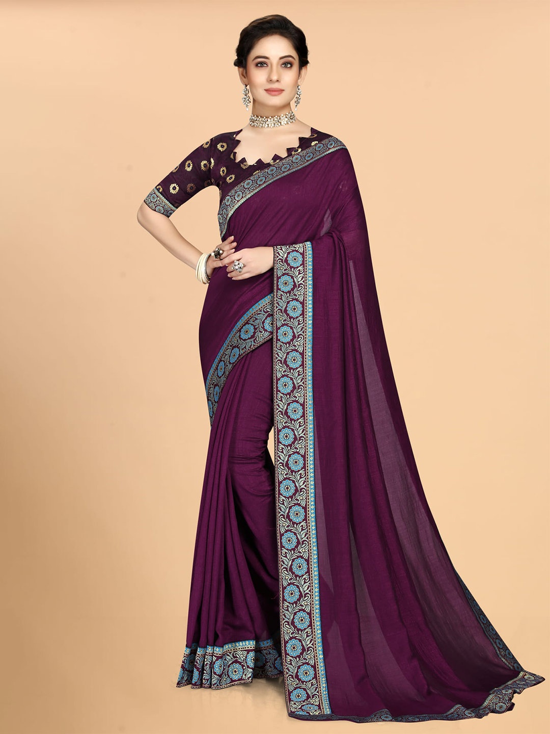 

KALINI Zari Silk Blend Saree, Purple