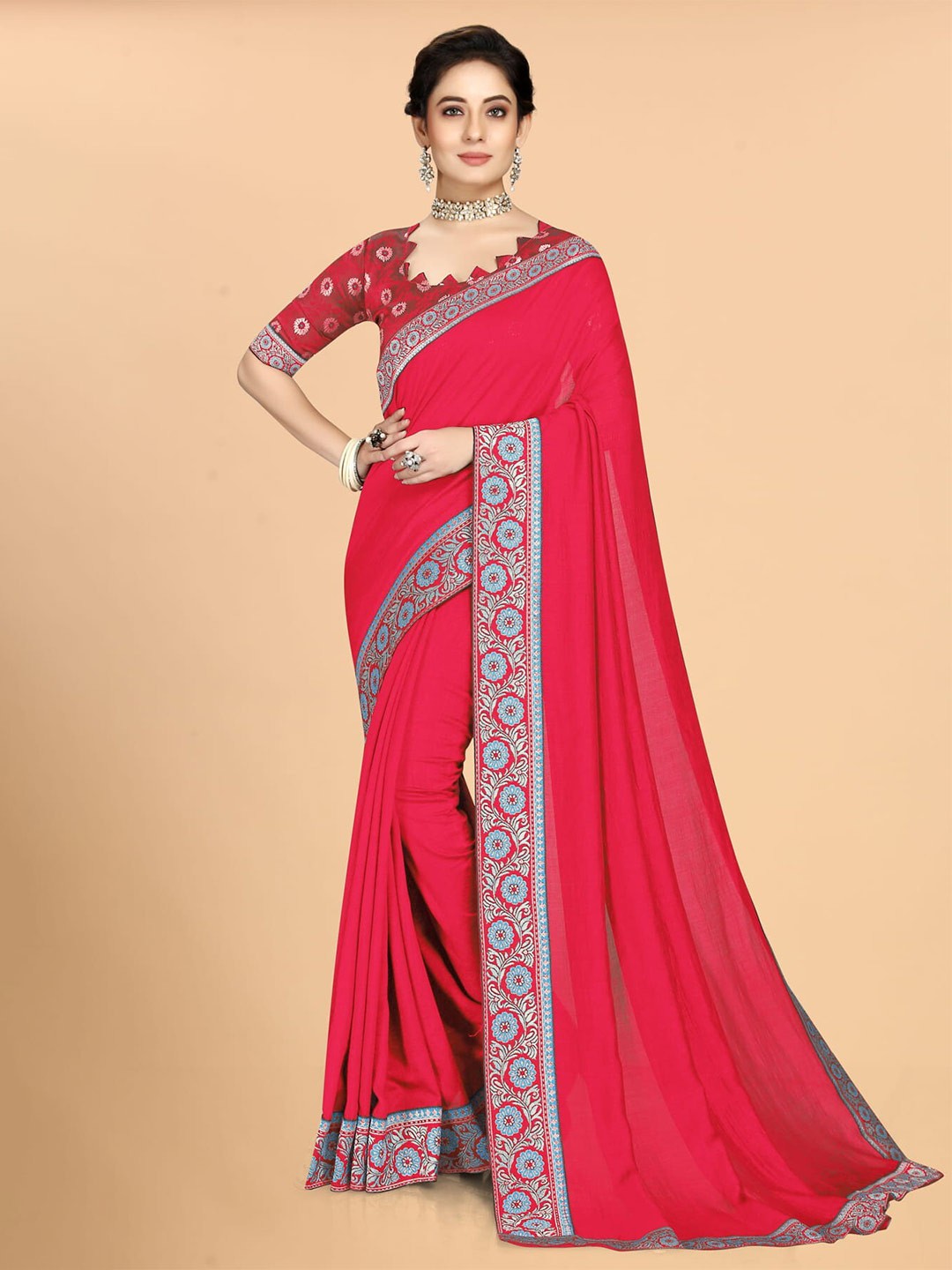 

KALINI Zari Saree With Woven Design Border, Pink