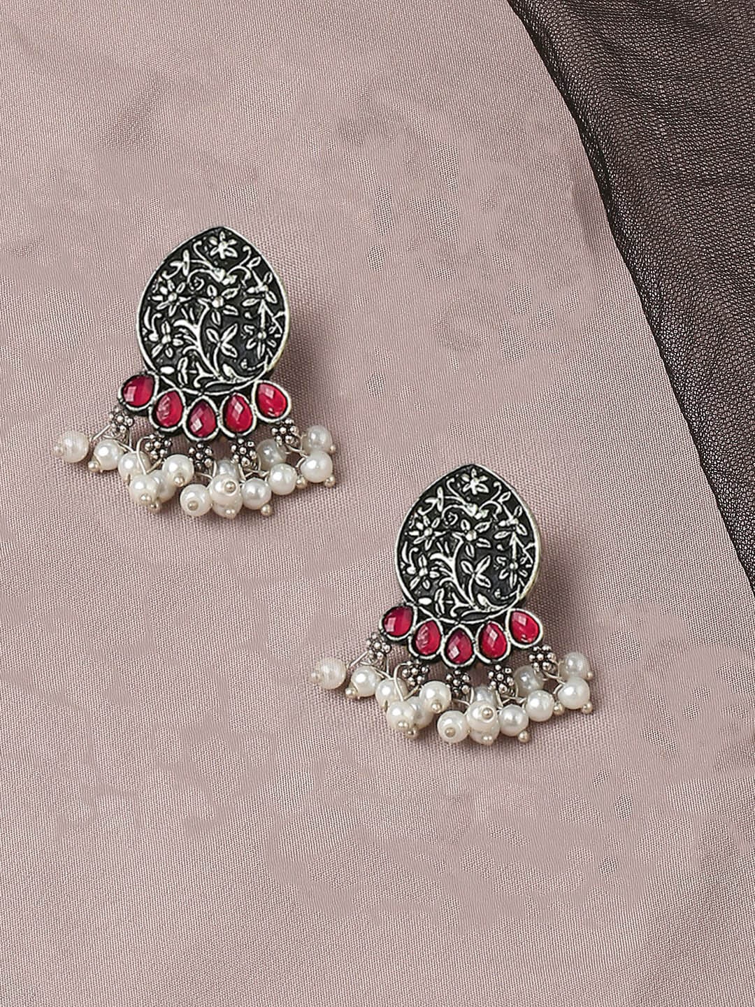 

OOMPH Stone-Studded Beaded Contemporary Drop Earrings, Silver