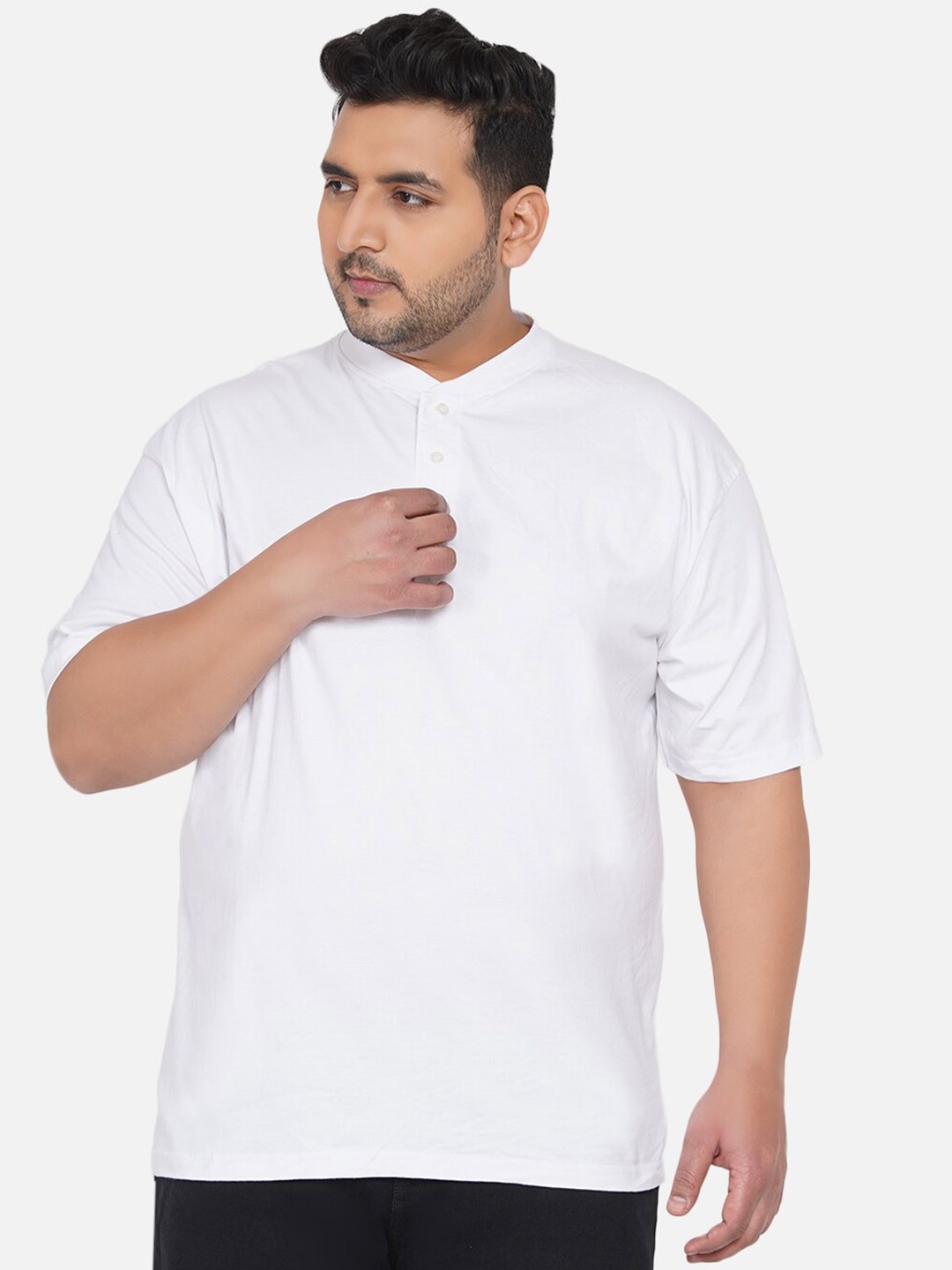 

Santonio Plus Size Henley Neck Pure Cotton T-shirt, White