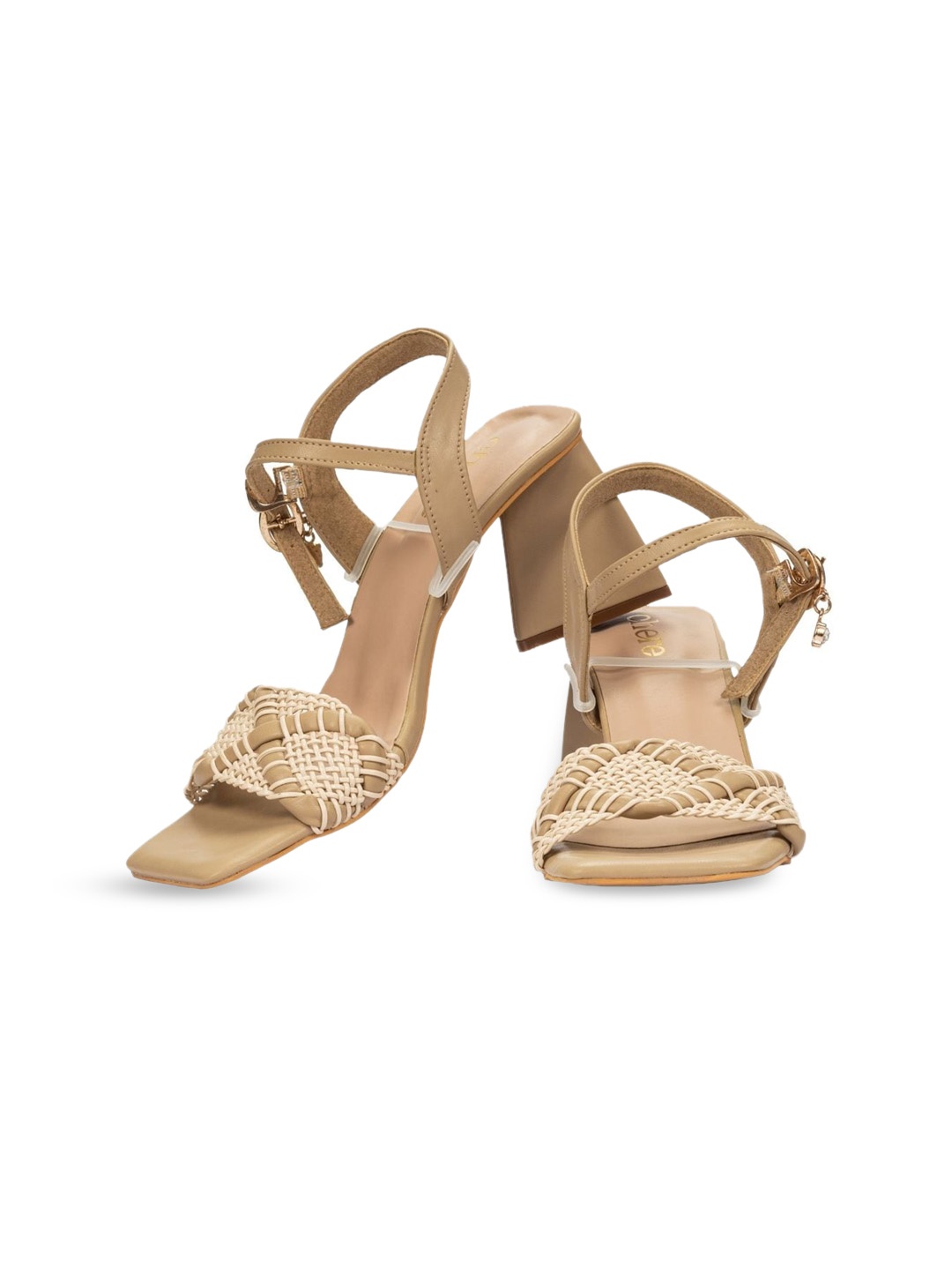 

Chere Braided Open Toe Block Heels With Buckles, Beige