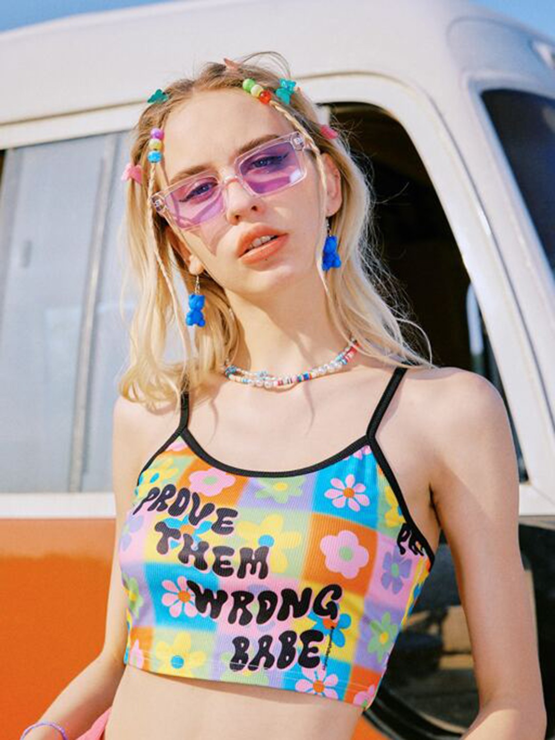 

MAZIE Typography Printed Shoulder Straps Crop Regular Top, Yellow