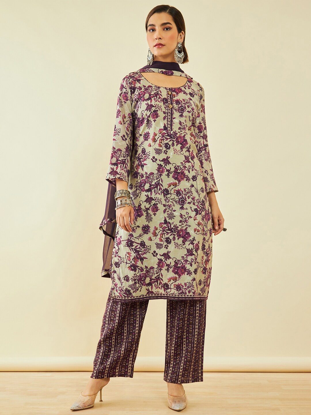 

Soch Maroon & Pink Floral Printed Unstitched Dress Material
