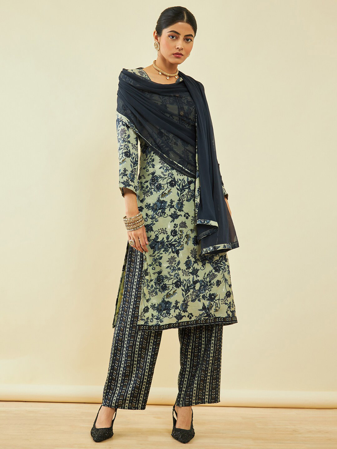 

Soch Navy Blue & Green Floral Printed Unstitched Dress Material