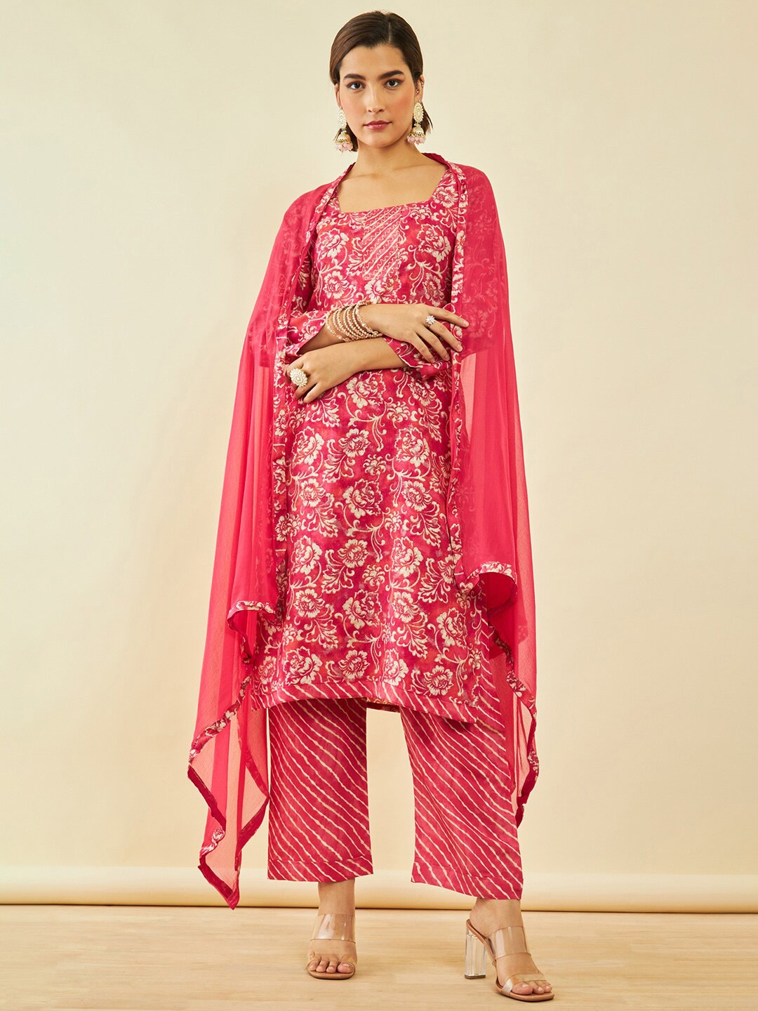 

Soch Coral & White Floral Printed Unstitched Dress Material
