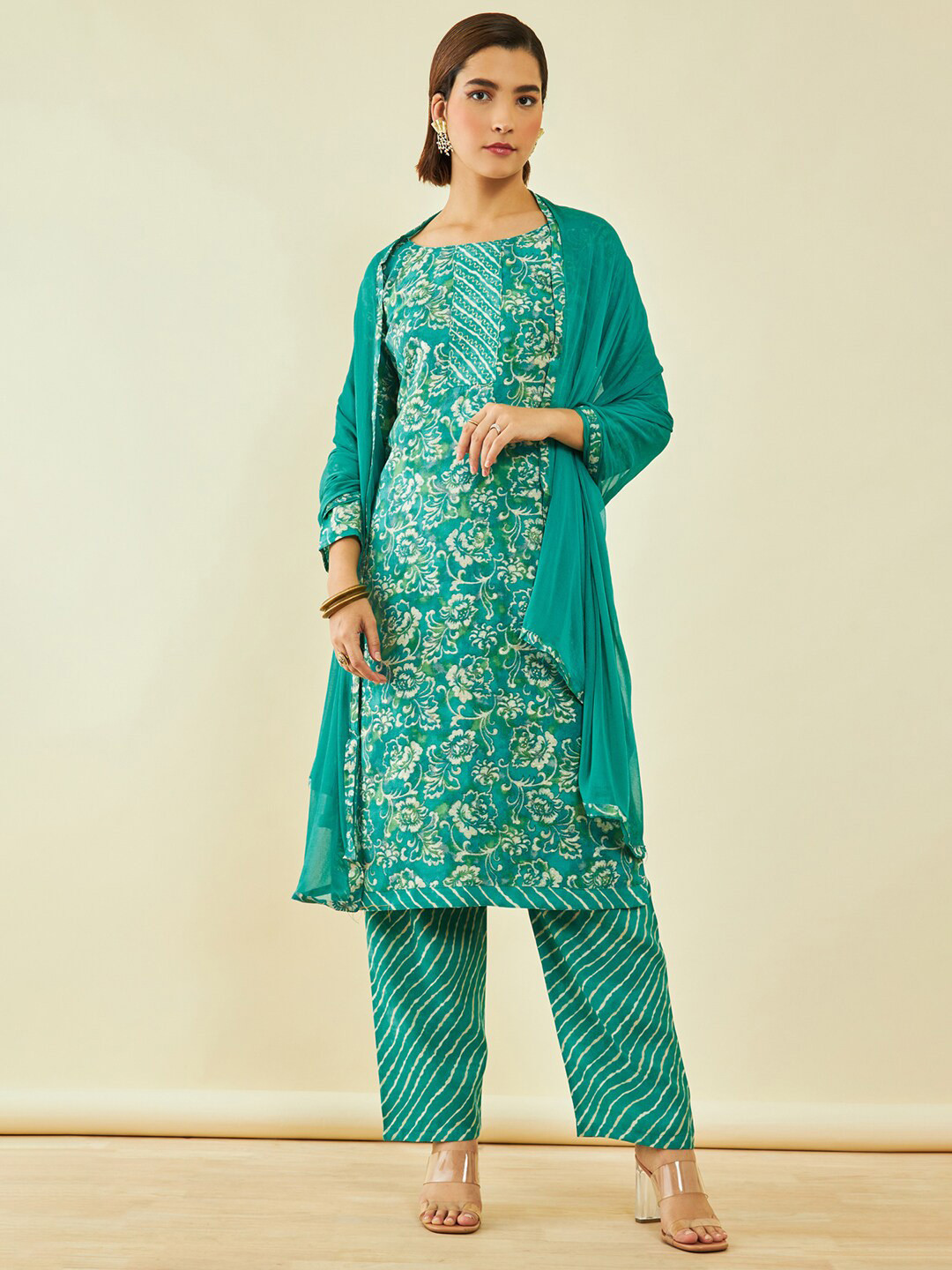 

Soch Green & White Floral Printed Unstitched Dress Material