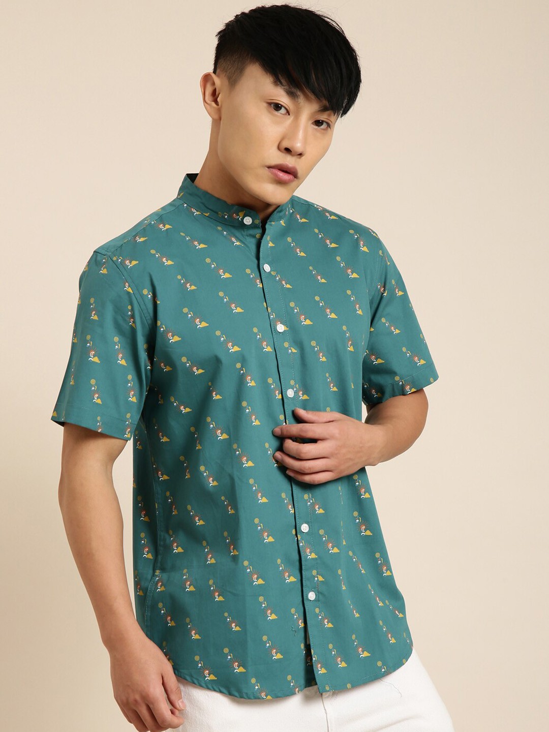 

Joven Conversational Printed Slim Fit Band Collar Opaque Cotton Casual Shirt, Green