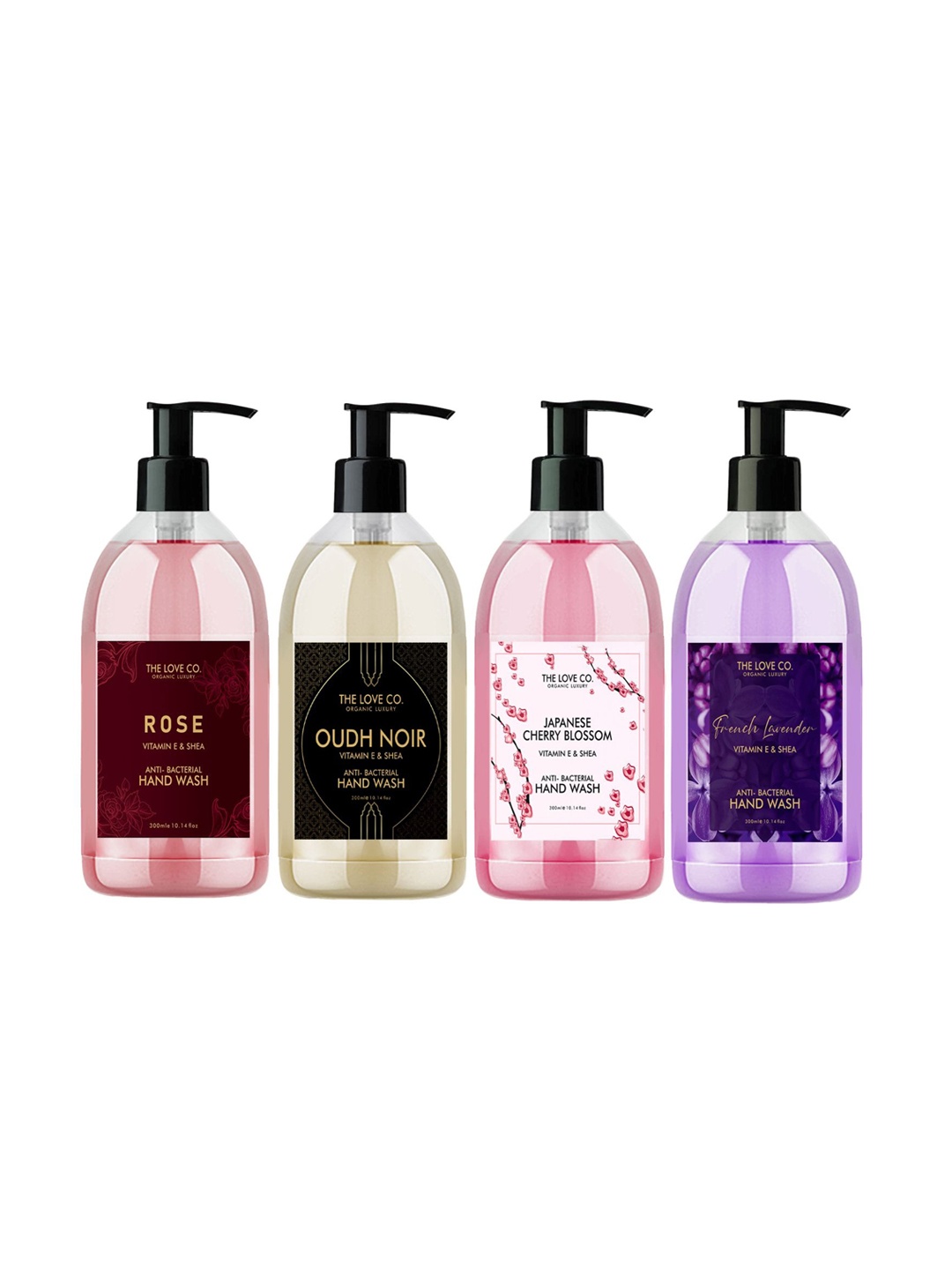 

The Love Co Pack of 4 Oud Noir,Japanese Cherry Blossom,Rose &Lavender Hand Wash 300mleach, White