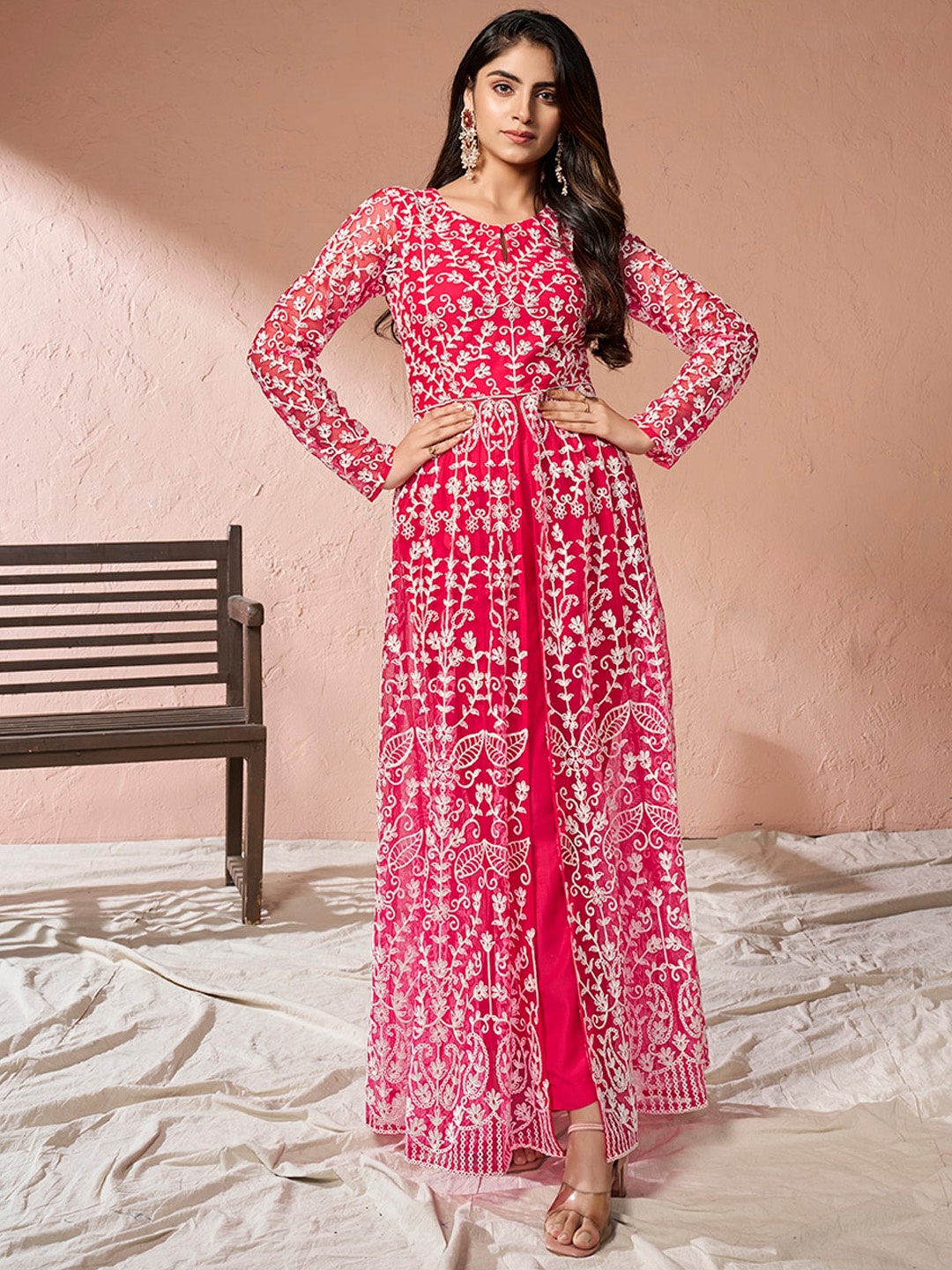 

Inddus Pink Floral Embroidered Keyhole Neck High Slit A-Line Kurta & Trousers