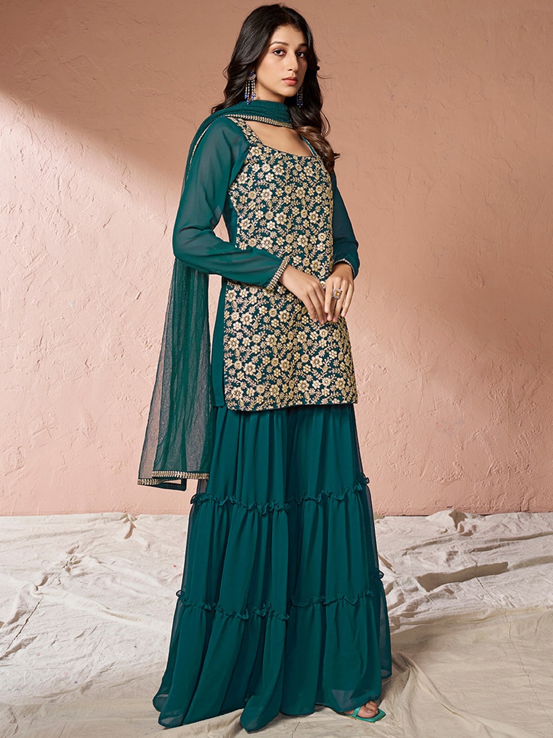 

Inddus Teal Floral Embroidered Sequinned Georgette Kurta With Sharara & Dupatta