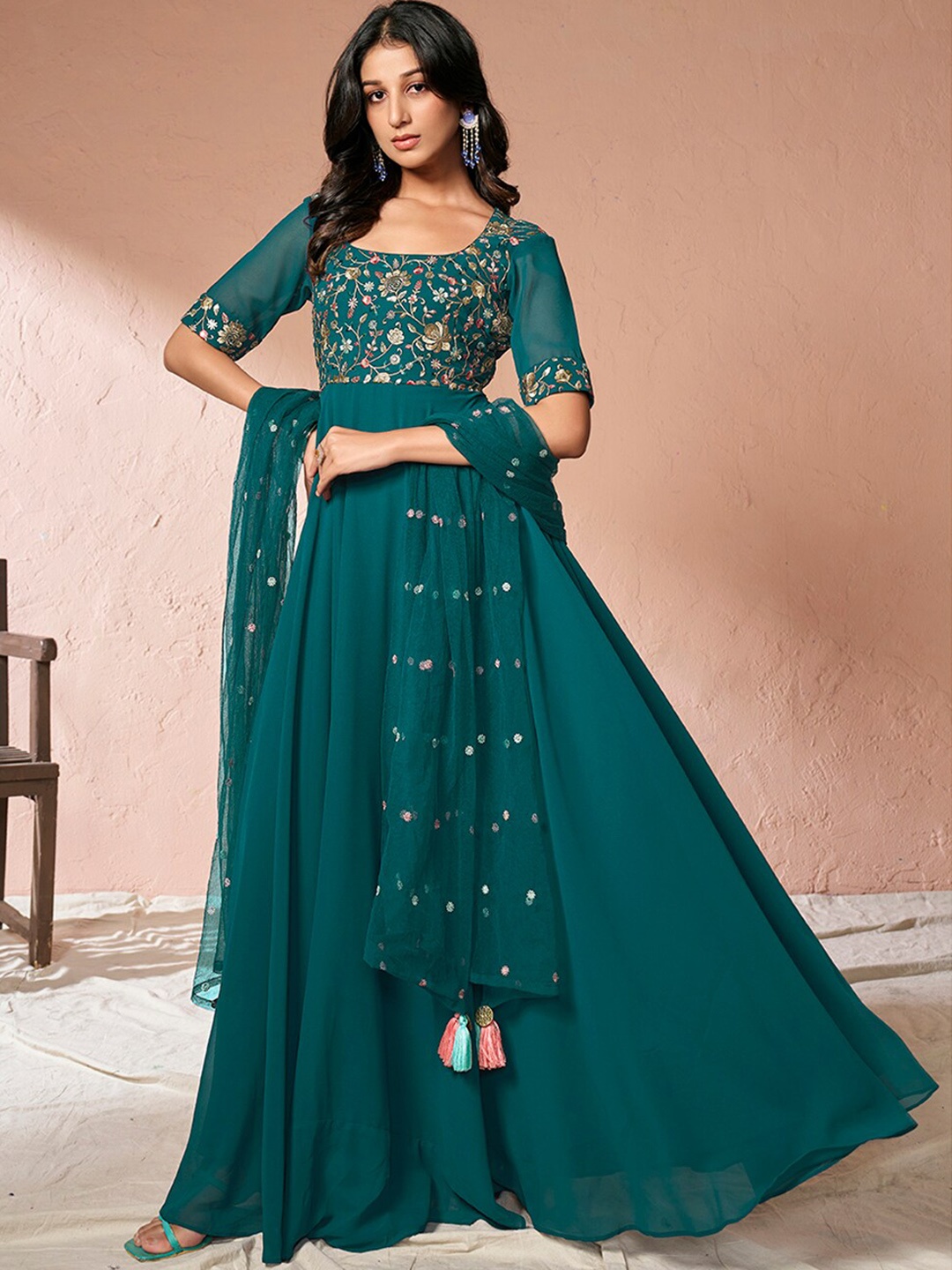

Inddus Teal Green Floral Embroidered Sequinned Georgette Anarkali Kurta With Dupatta