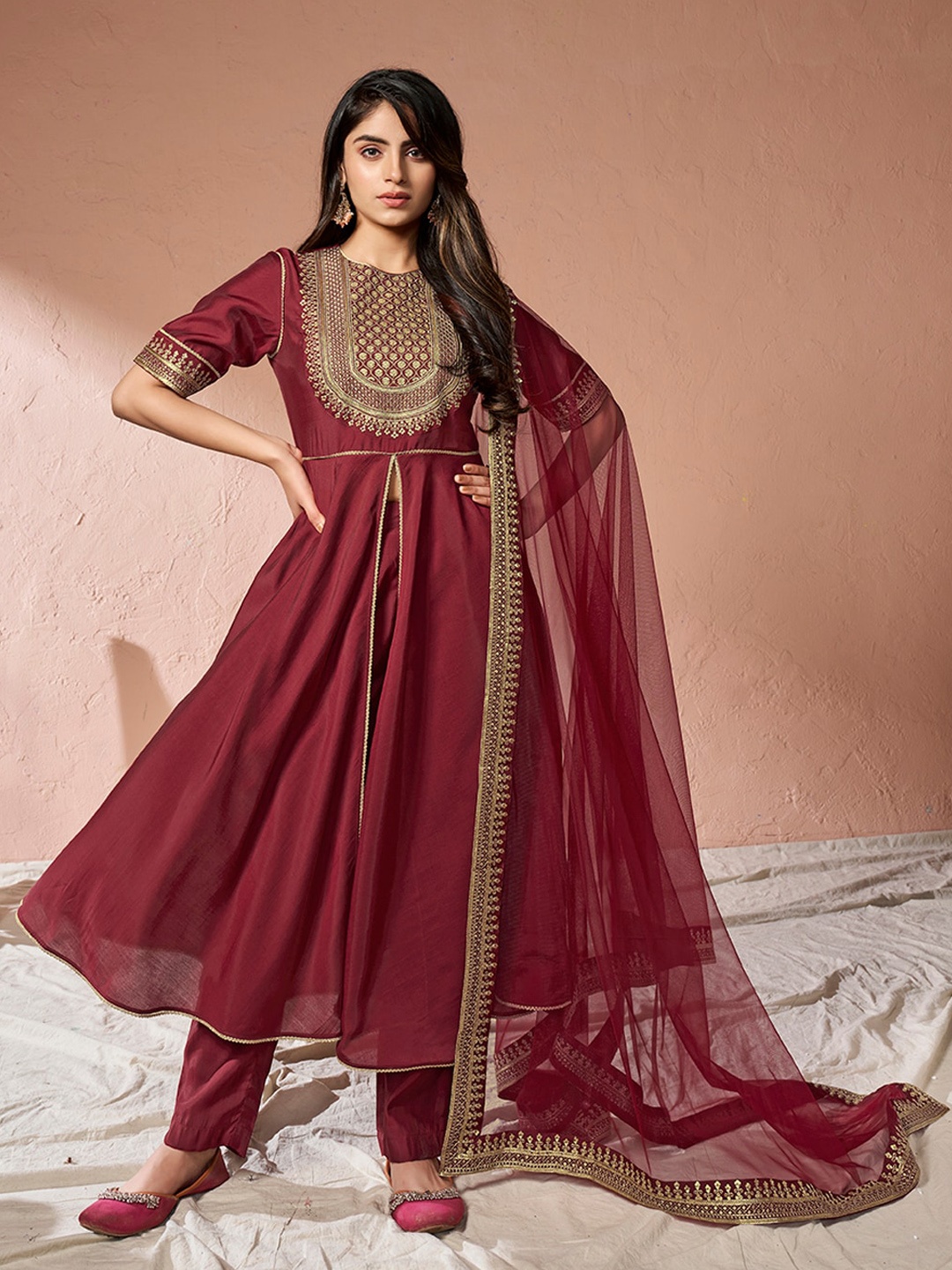 

Inddus Maroon Ethnic Motifs Yoke Design Sequinned A-Line Kurta With Trousers & Dupatta