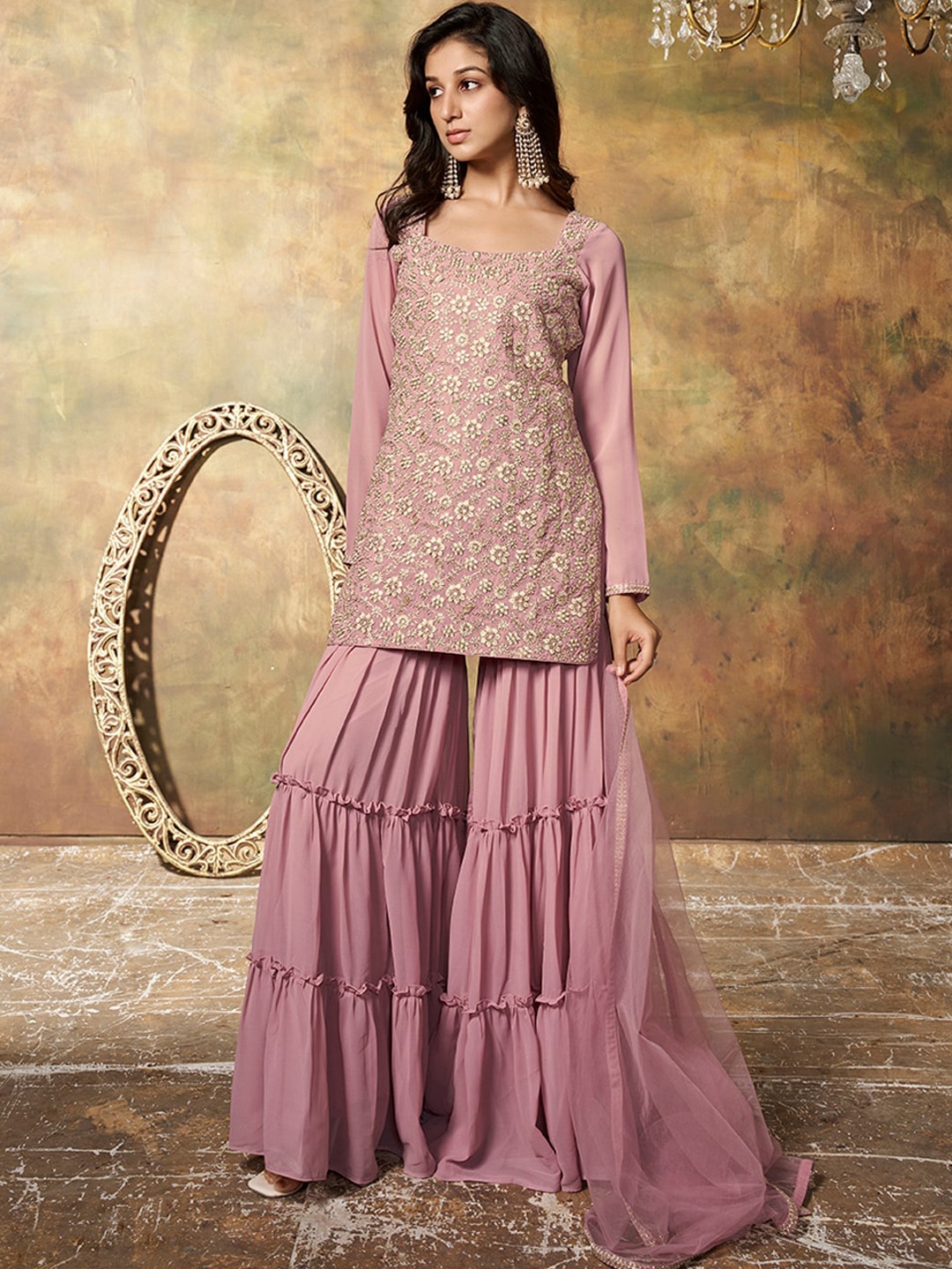 

Inddus Floral Embroidered Regular Sequinned Kurta with Sharara & Dupatta, Pink