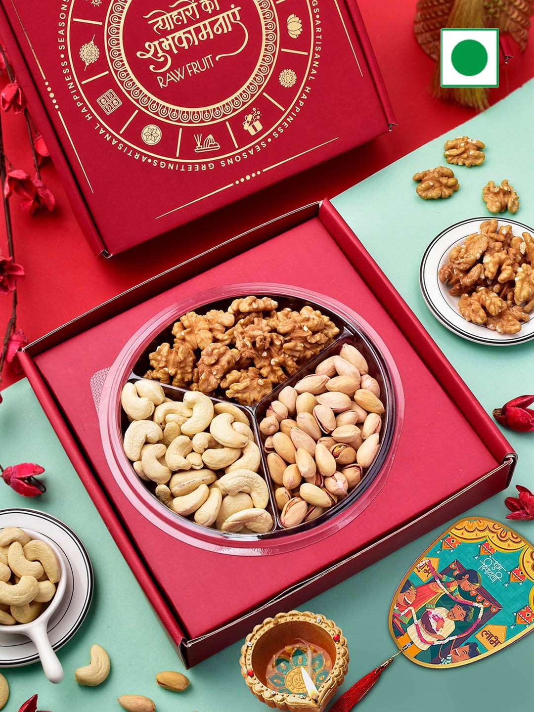 

RawFruit Cashew Pista Walnut With Diwali Gift Card Set-100g Each, Red