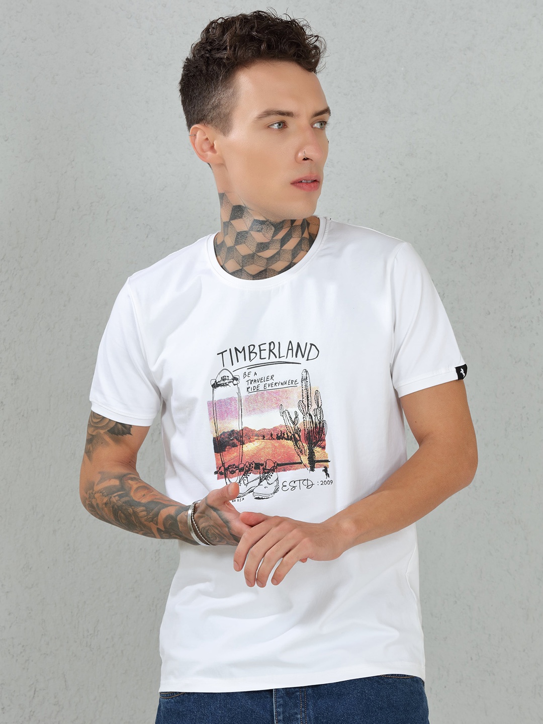 

DIMEH Peaple & Places Printed Crew Neck Cotton T-shirt, White
