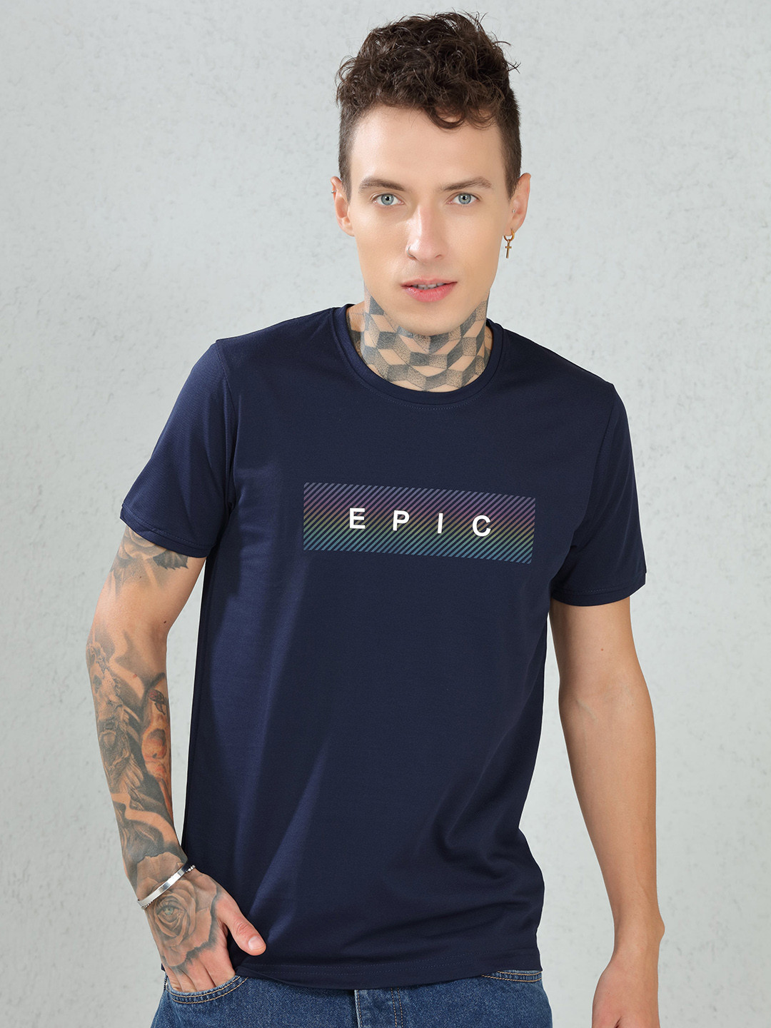 

DIMEH Typography Printed Crew Neck Cotton T-shirt, Navy blue