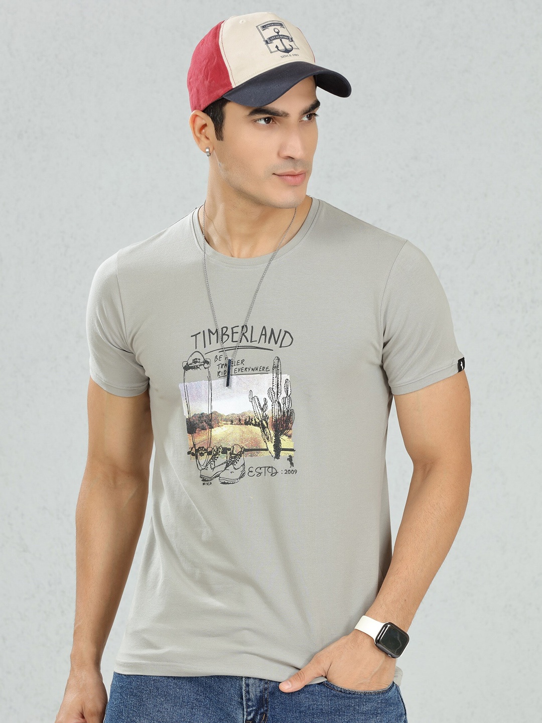 

DIMEH Peaple & Places Printed Crew Neck Cotton T-shirt, Grey