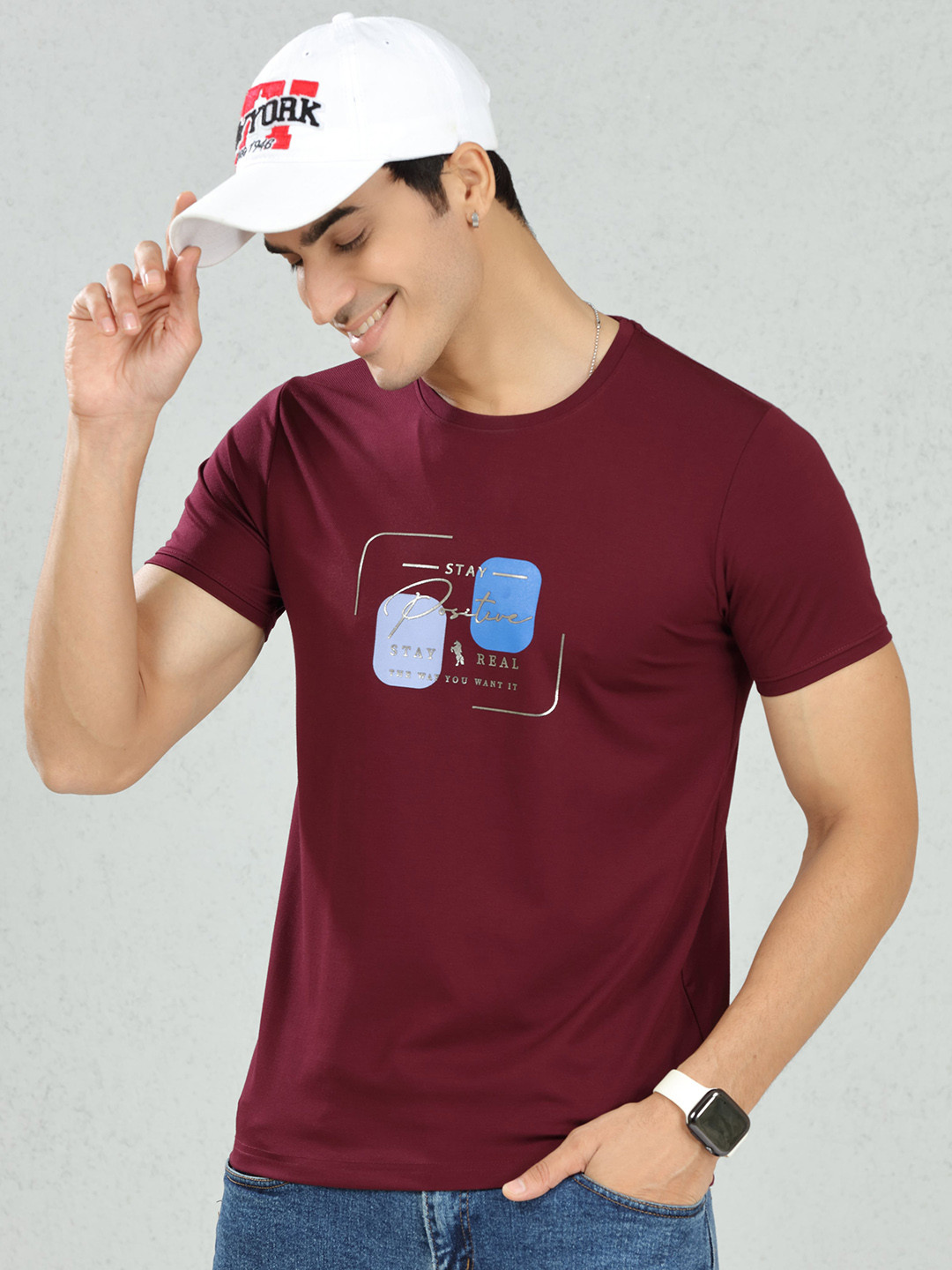 

DIMEH Typography Printed Cotton T-shirt, Maroon