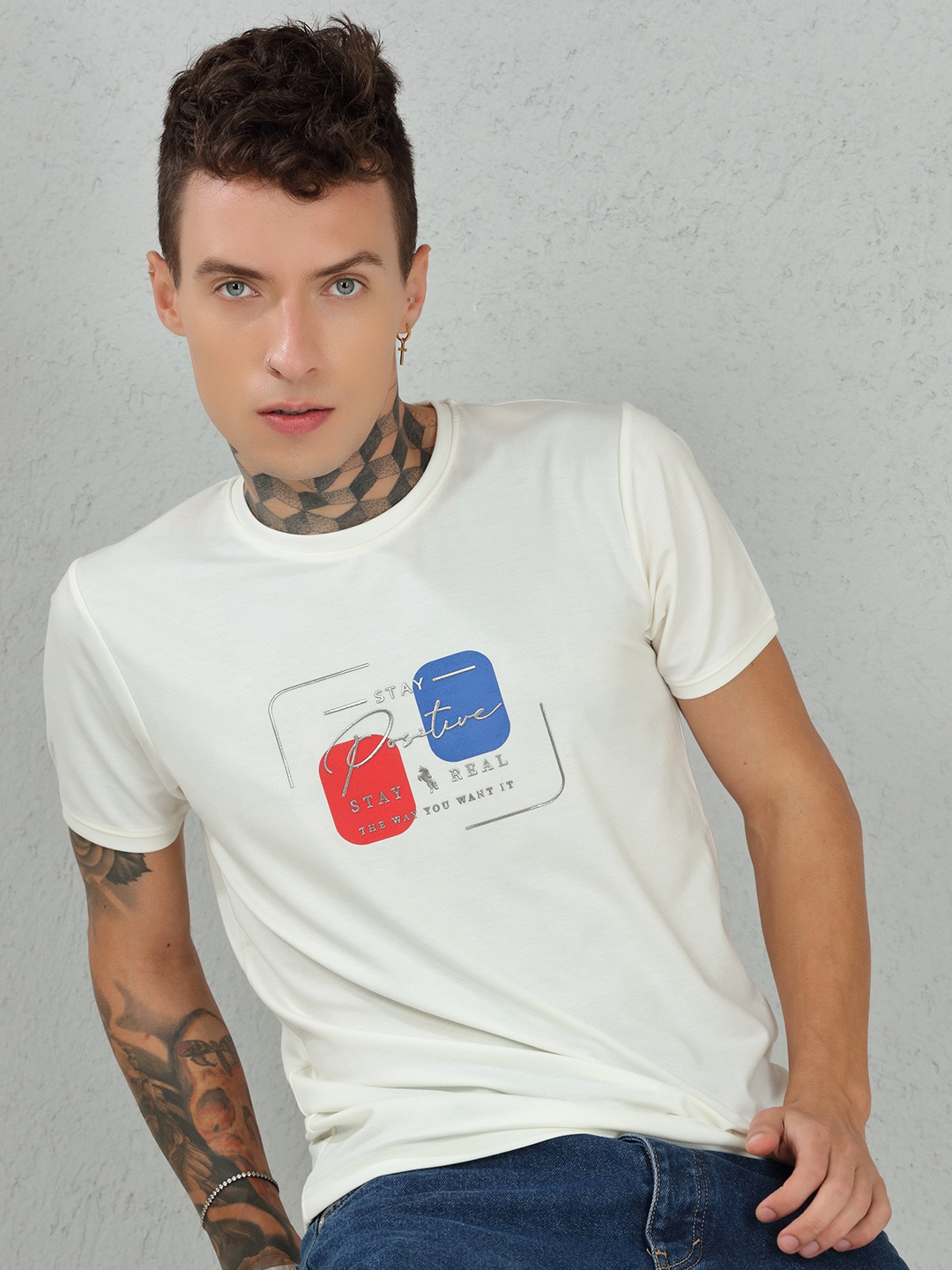 DIMEH Typography Printed Cotton T-shirt, White