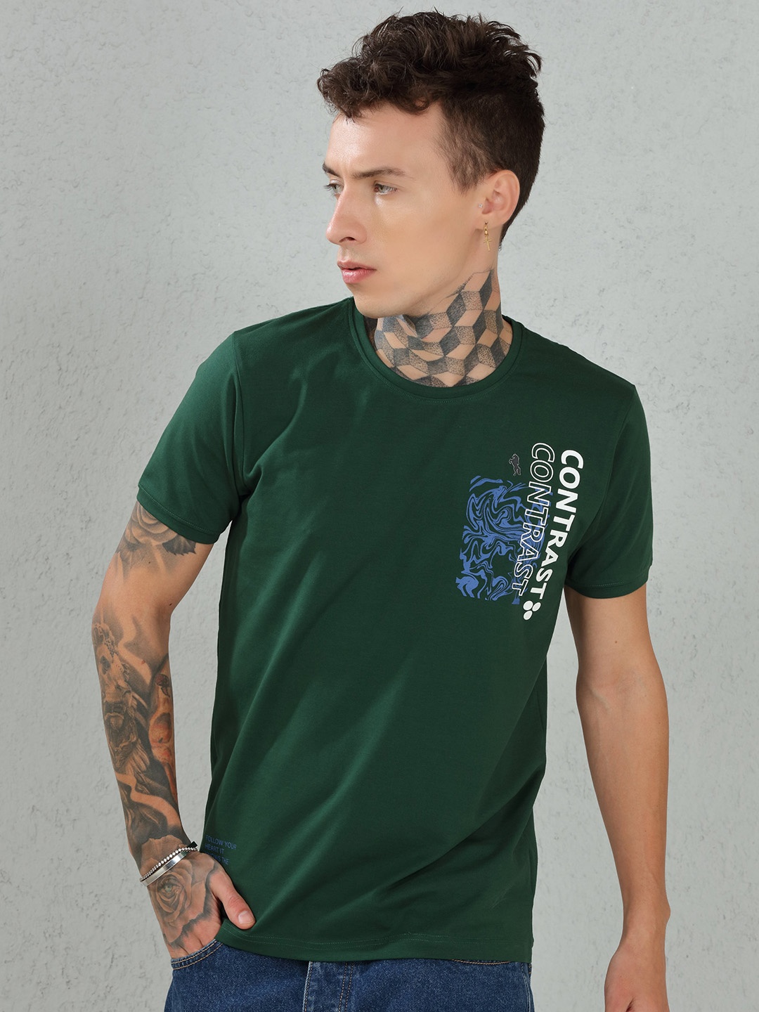 

DIMEH Typography Printed Cotton T-shirt, Green
