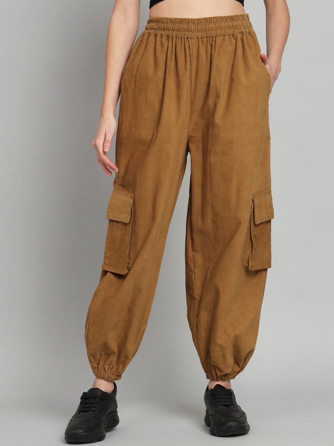 

BROOWL Women Relaxed High-Rise Wrinkle Free Corduroy Joggers Trousers, Brown