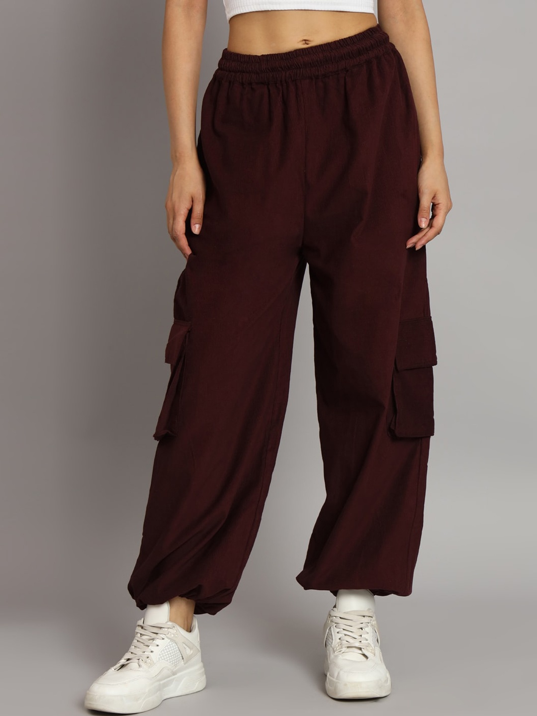 

BROOWL Women Relaxed High-Rise Wrinkle Free Corduroy Joggers Trousers, Maroon