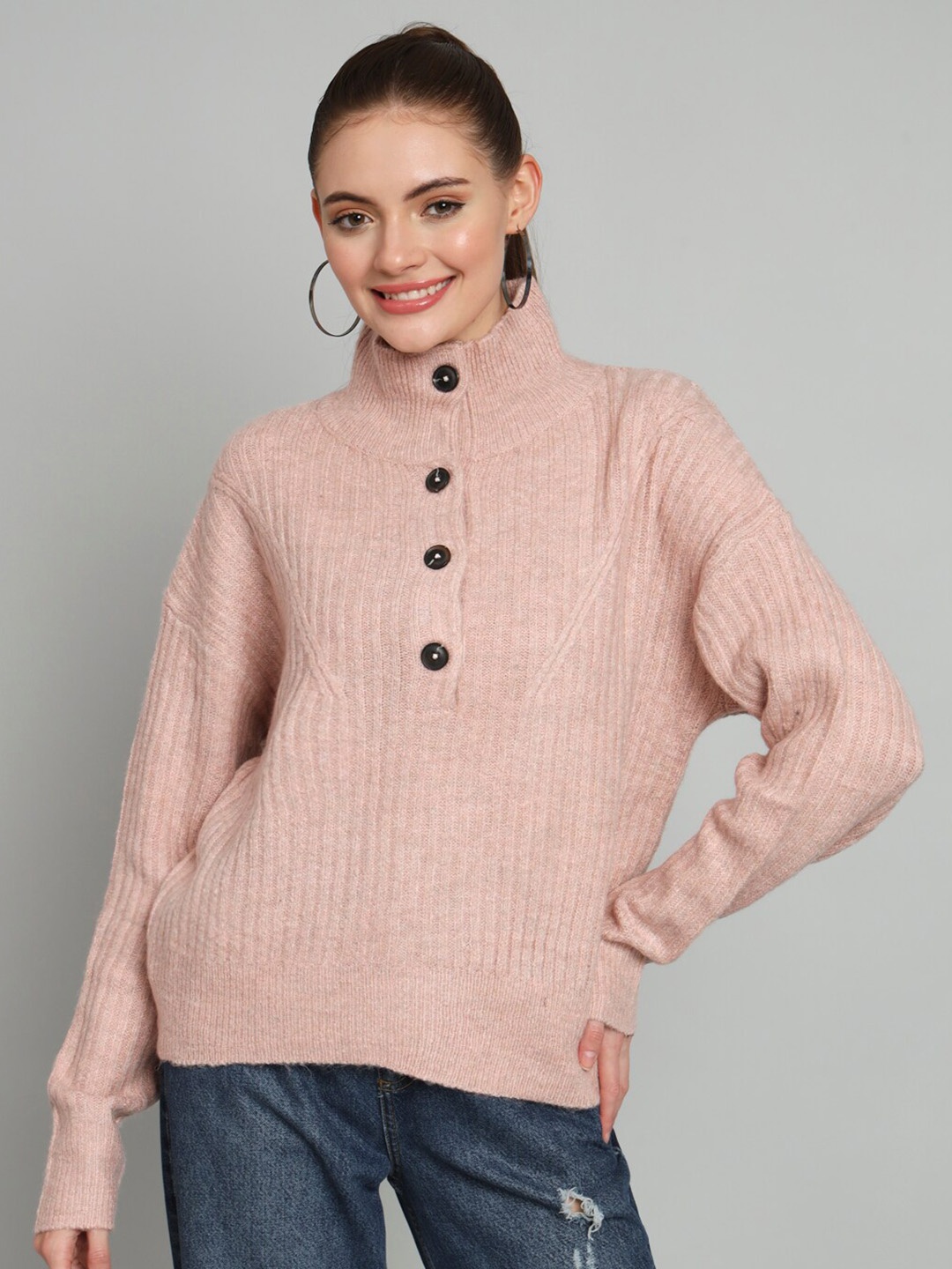 

BROOWL Ribbed High Neck Woollen Pullover, Pink