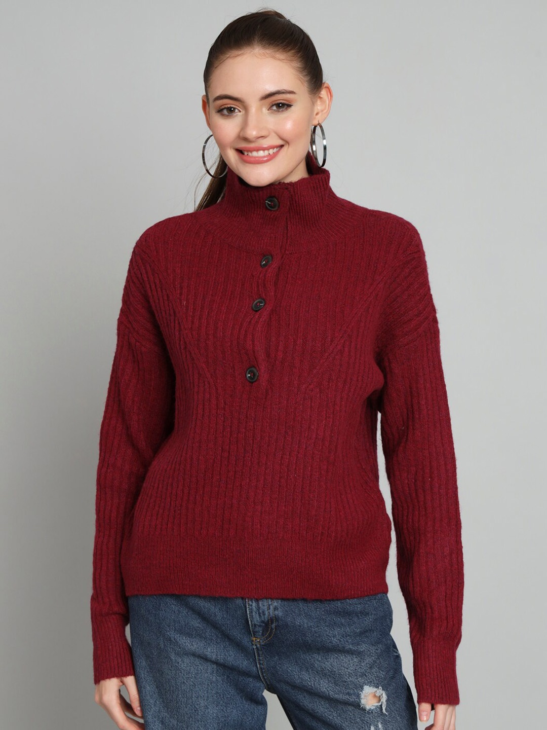 

BROOWL Ribbed High Neck Woollen Pullover, Maroon