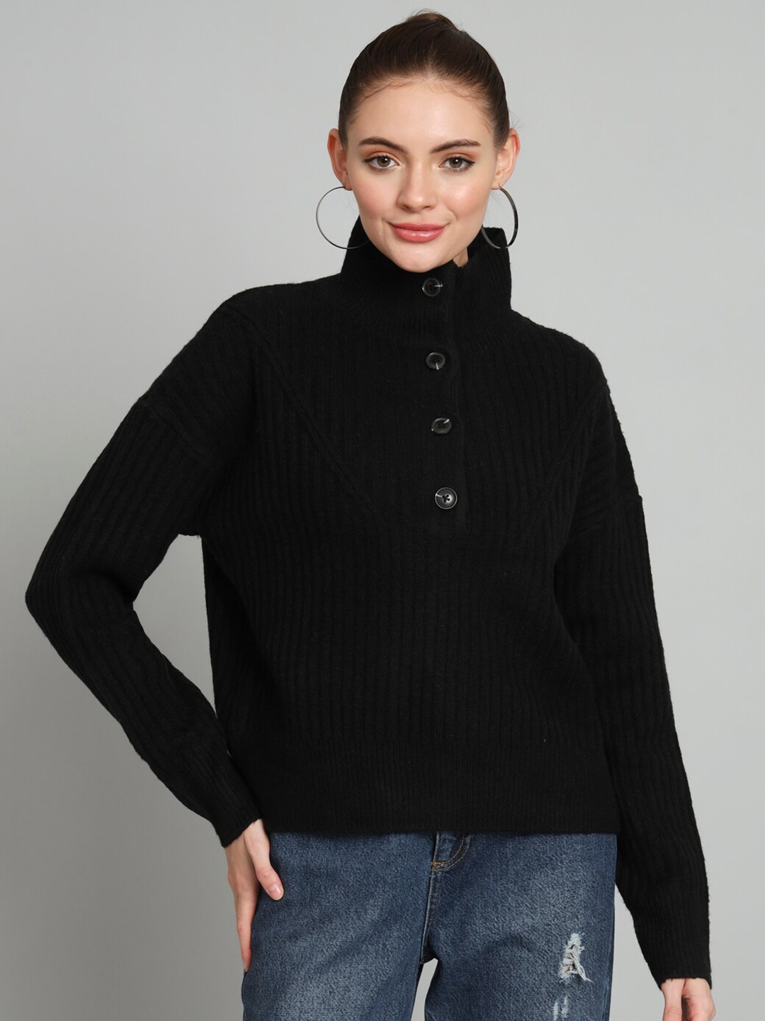 

BROOWL Ribbed High Neck Woollen Pullover, Black